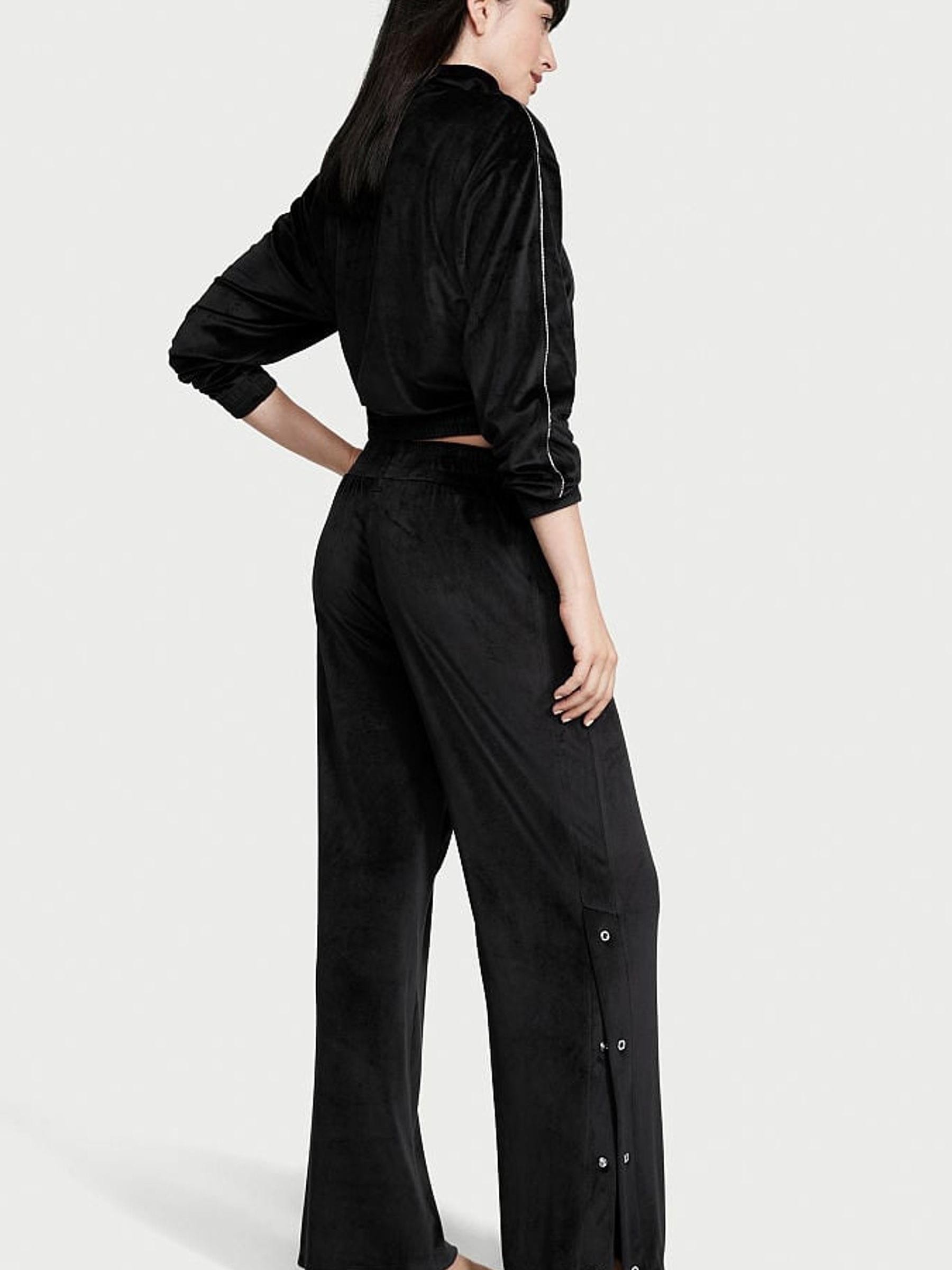Pure Black Velour Wide Leg Pant With Diamante Snaps - Image 2 of 3