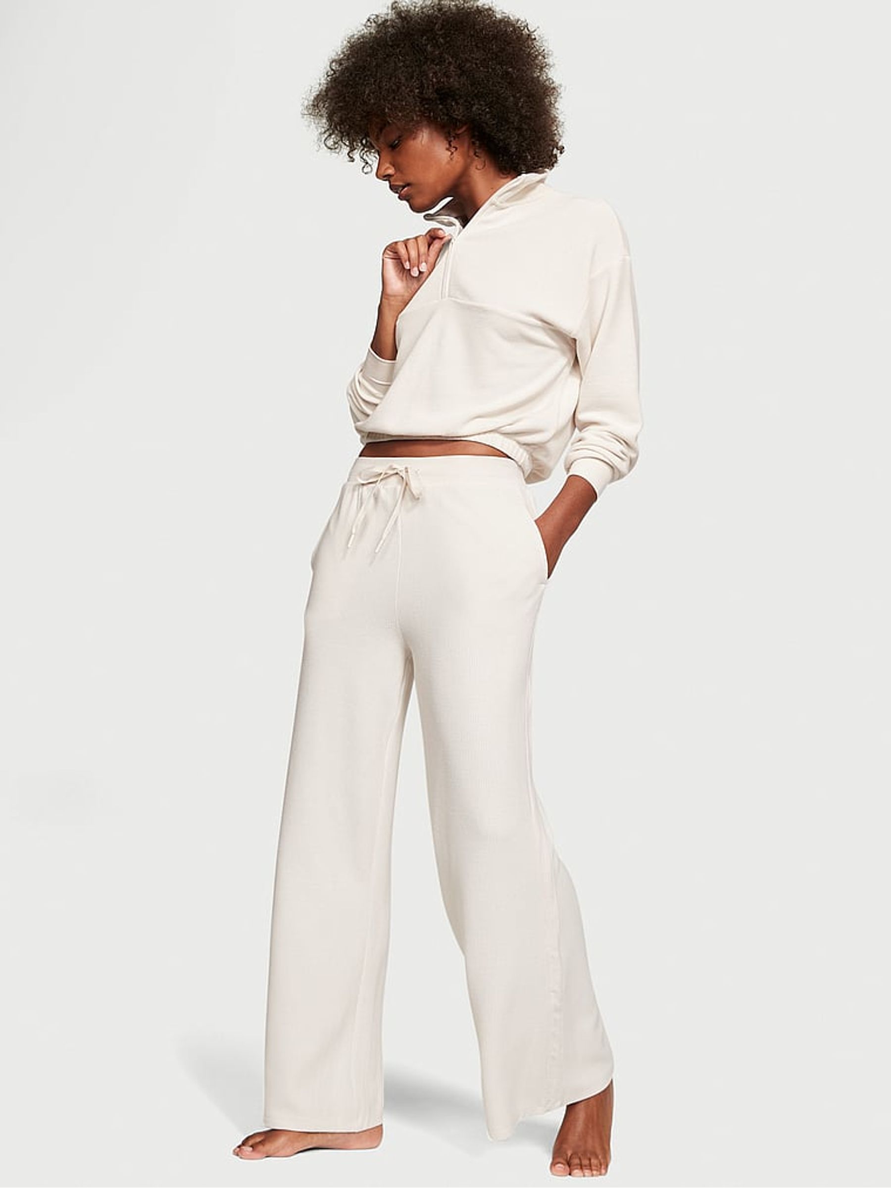 Linen White Double Knit Waffle Wide Leg Jogger - Image 1 of 4