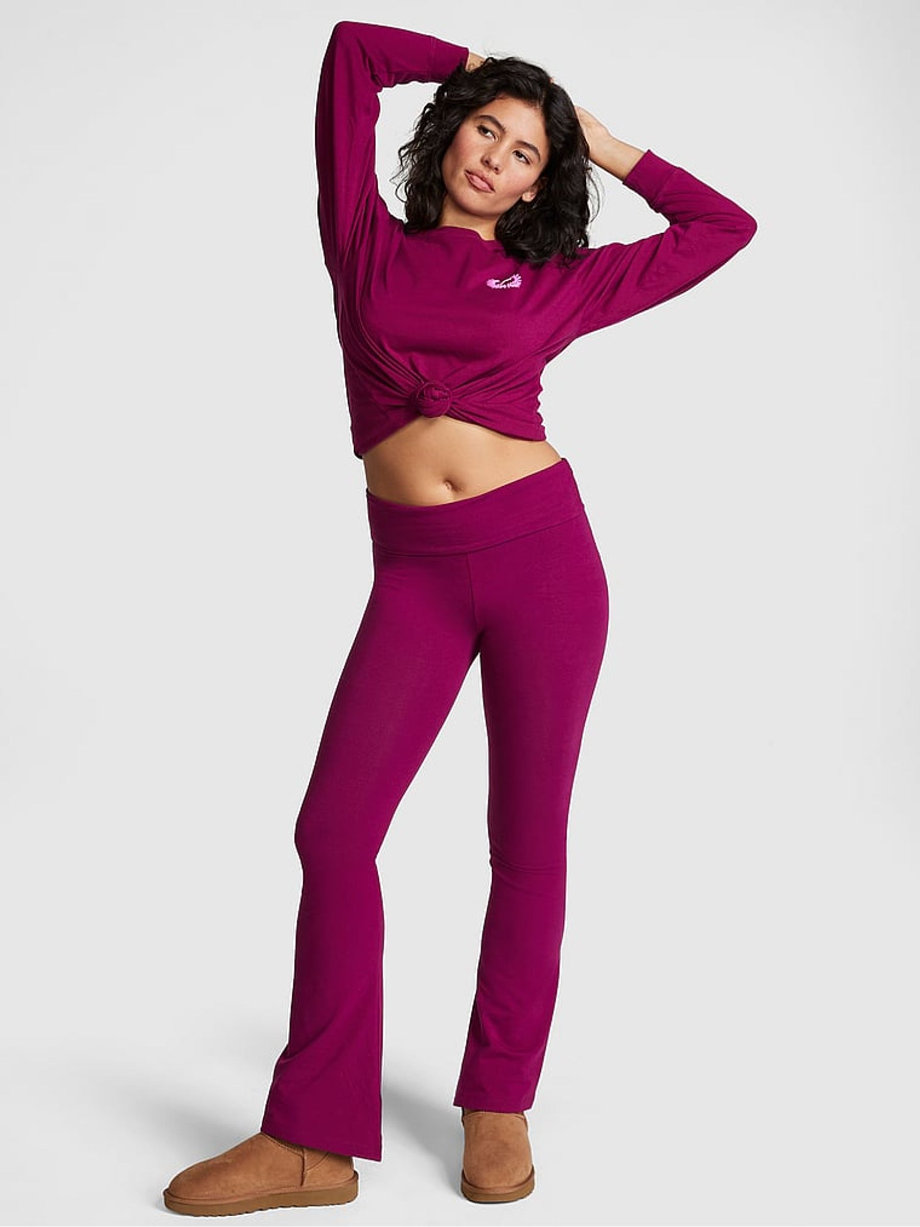 Vivid Magenta Pink Cotton Foldover Flare Legging - Image 1 of 4