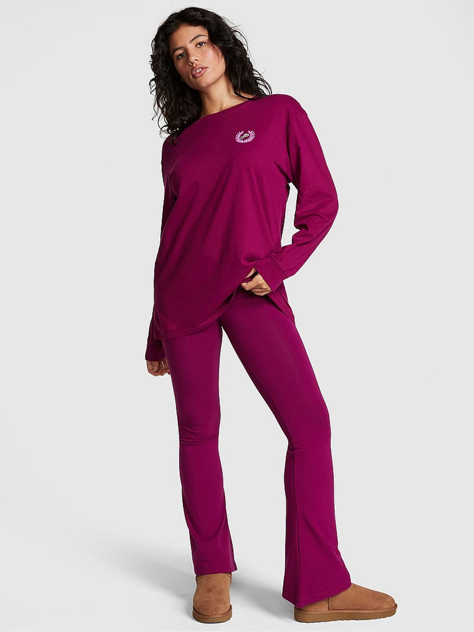 Vivid Magenta Pink Cotton Foldover Flare Legging - Image 3 of 4