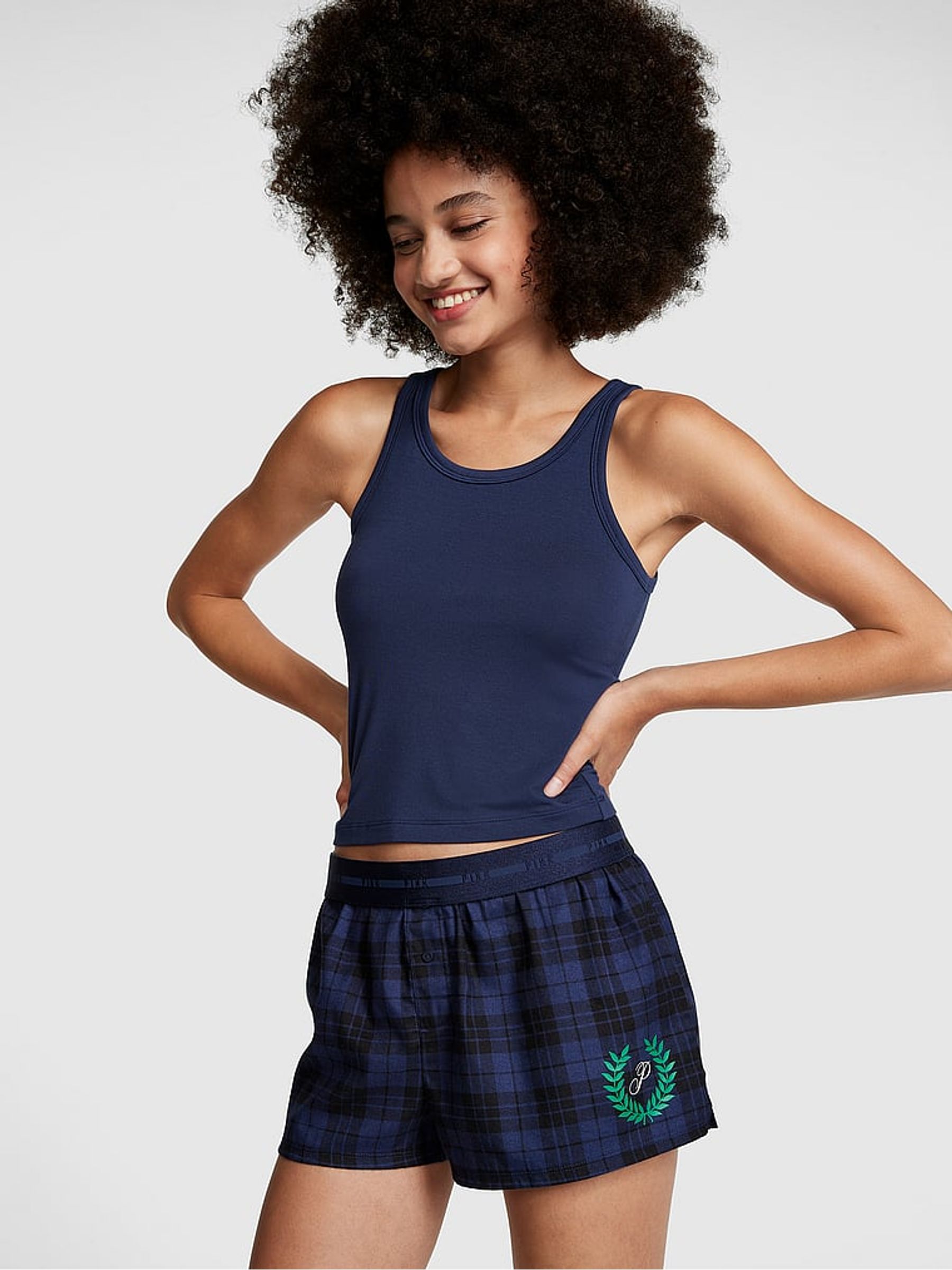 Midnight Navy Blue Modal Cropped Sleep Tank Top - Image 3 of 4
