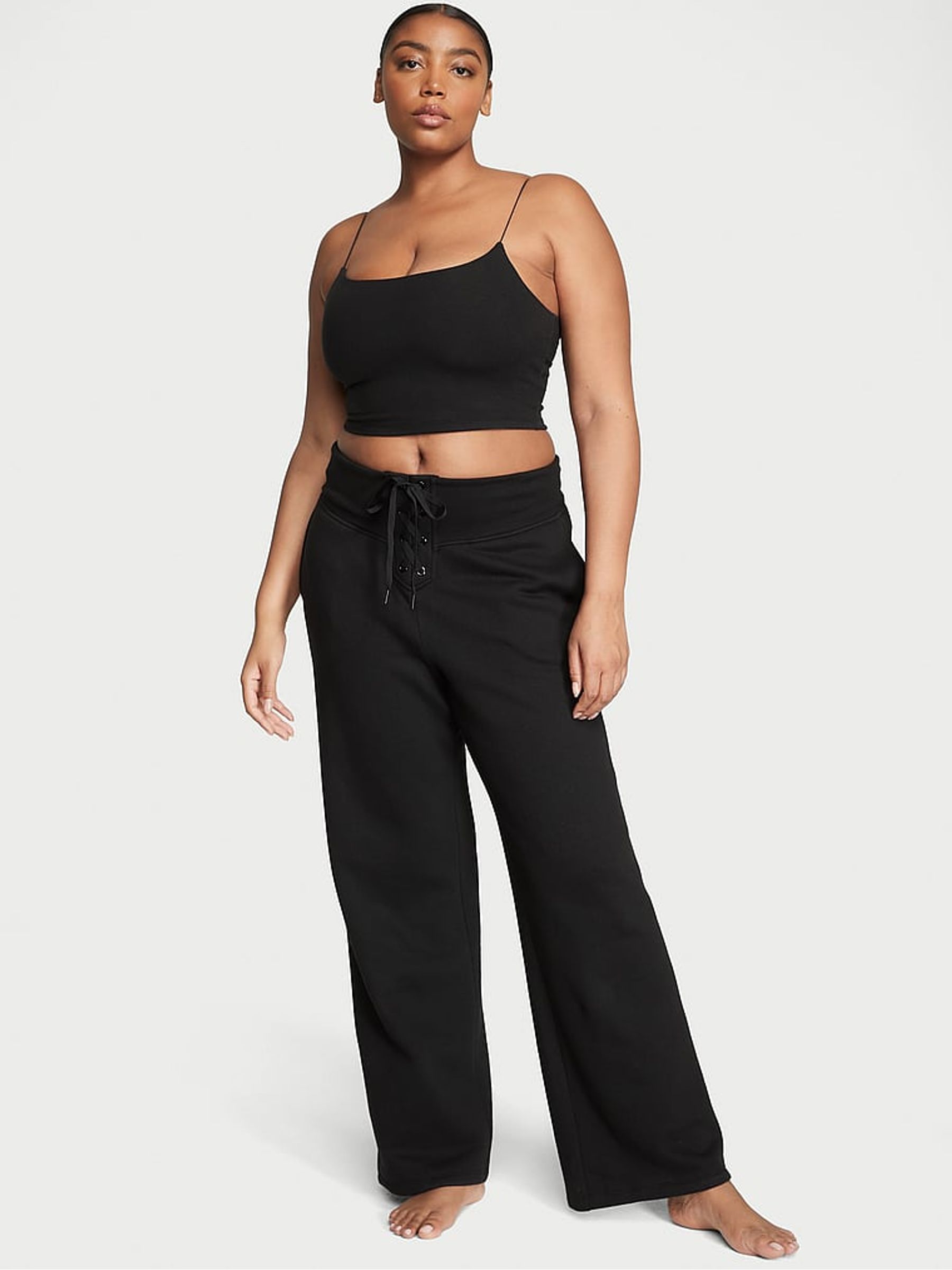 Pure Black Lace Up Wide Leg Joggers - Image 3 of 3