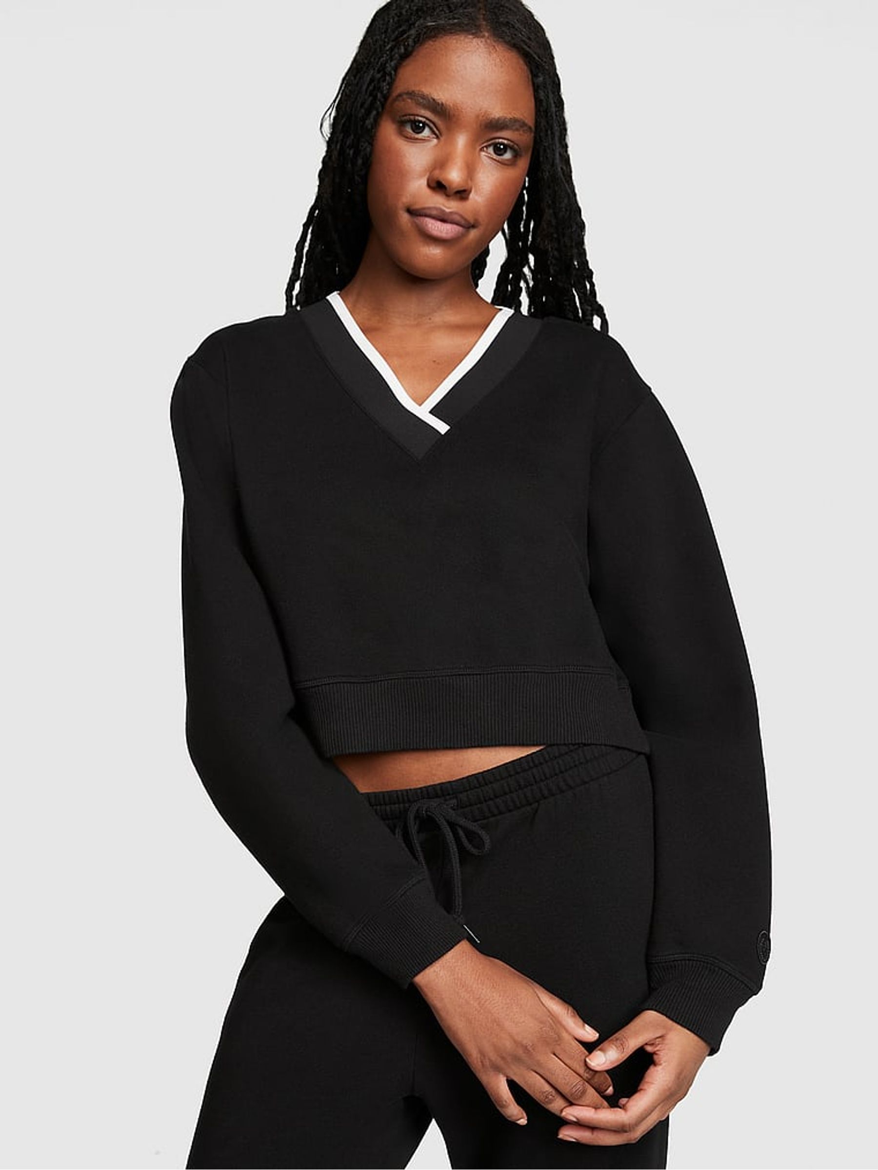 Pure Black Elevated Fleece V-Neck Sweat Top - Image 1 of 4