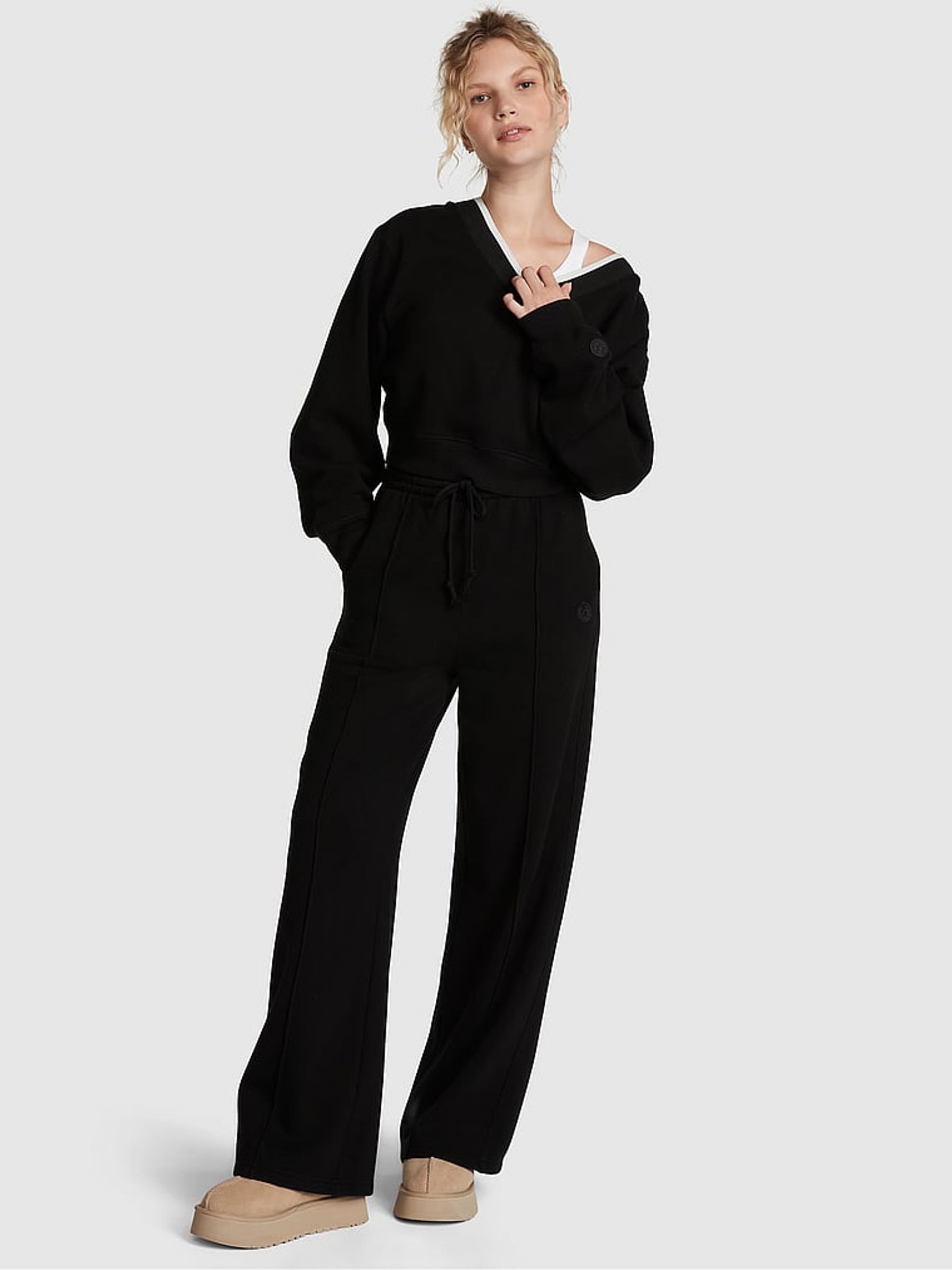 Pure Black Elevated Fleece V-Neck Sweat Top - Image 3 of 4
