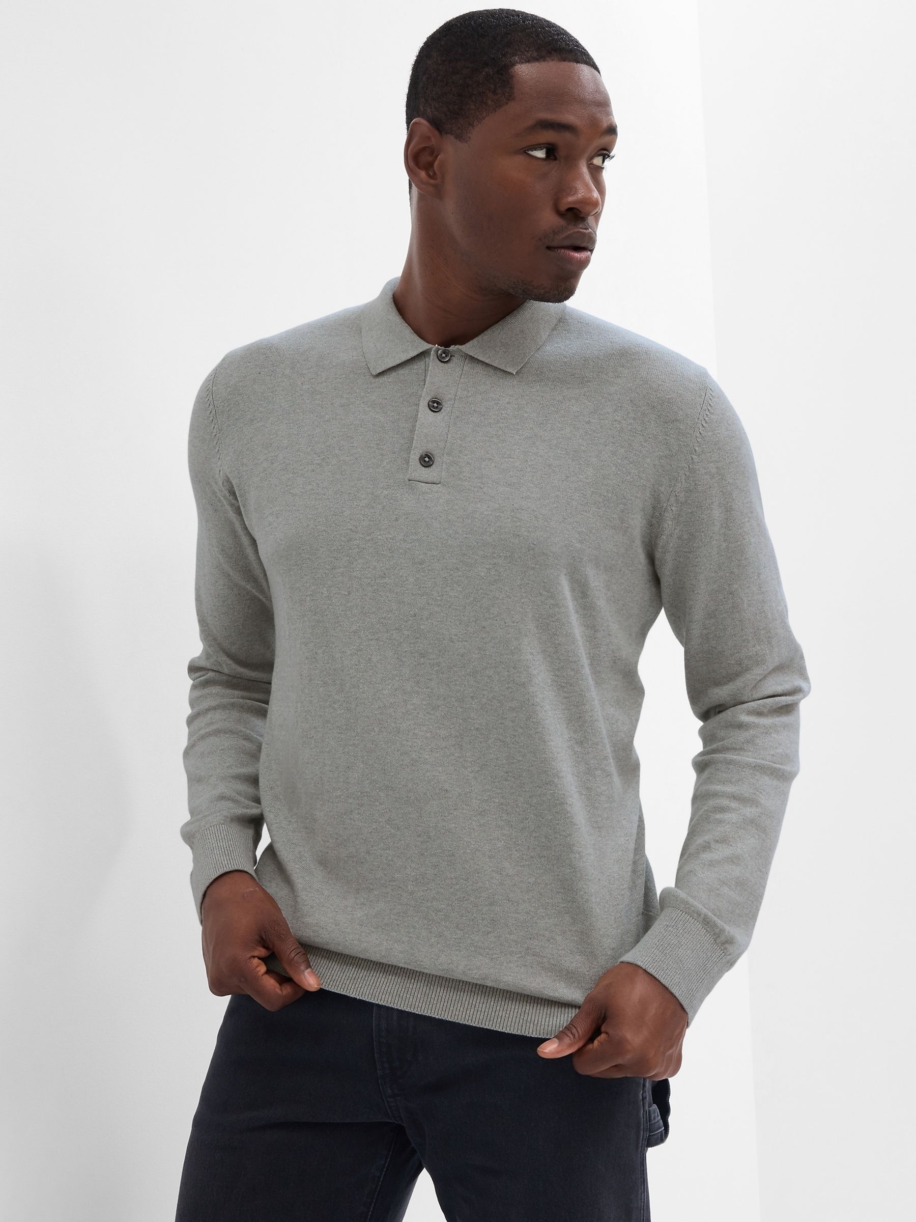 Grey Knit Long Sleeve Polo Shirt - Image 1 of 3