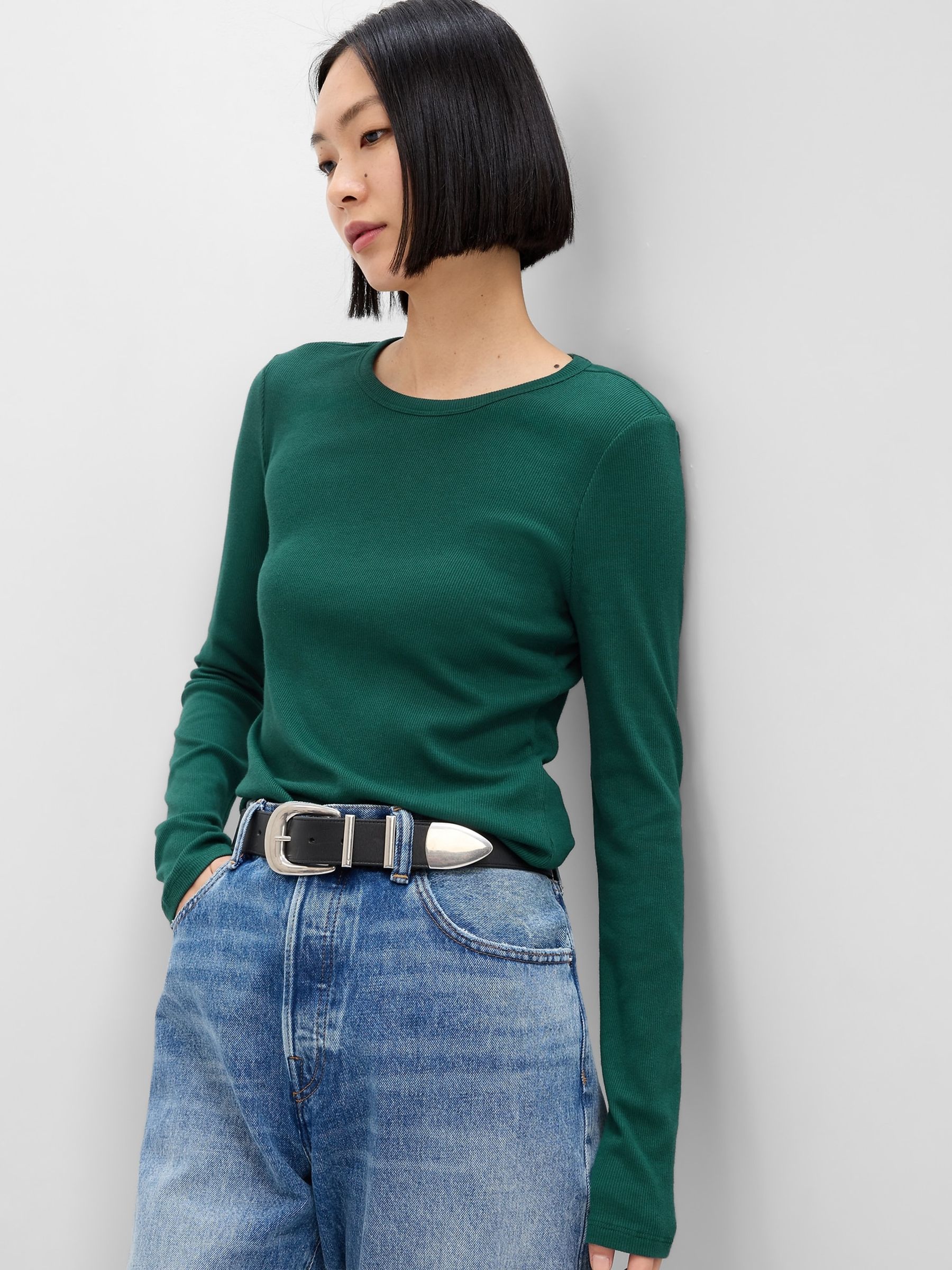 Green Ribbed Crew Neck Long Sleeve T-Shirt - Image 1 of 2