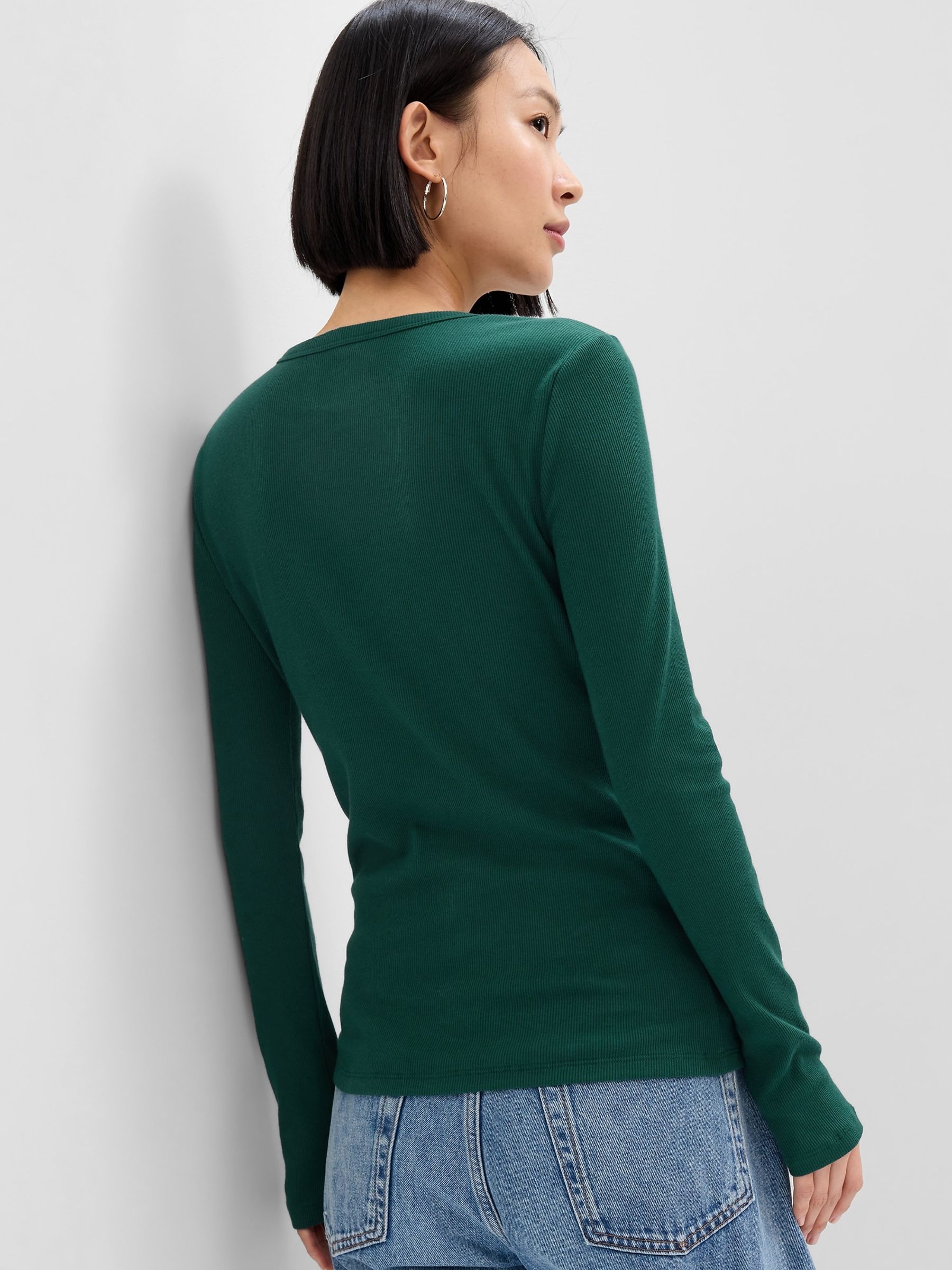 Green Ribbed Crew Neck Long Sleeve T-Shirt - Image 2 of 2