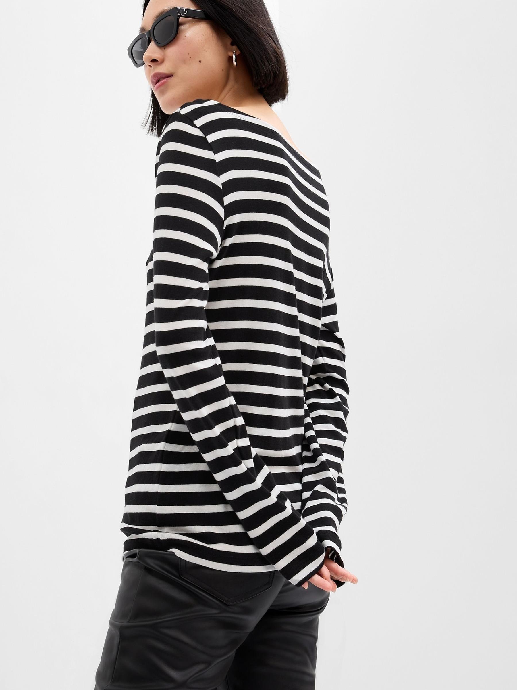 Black/White Stripe Boat Neck Long Sleeve T-Shirt - Image 2 of 2