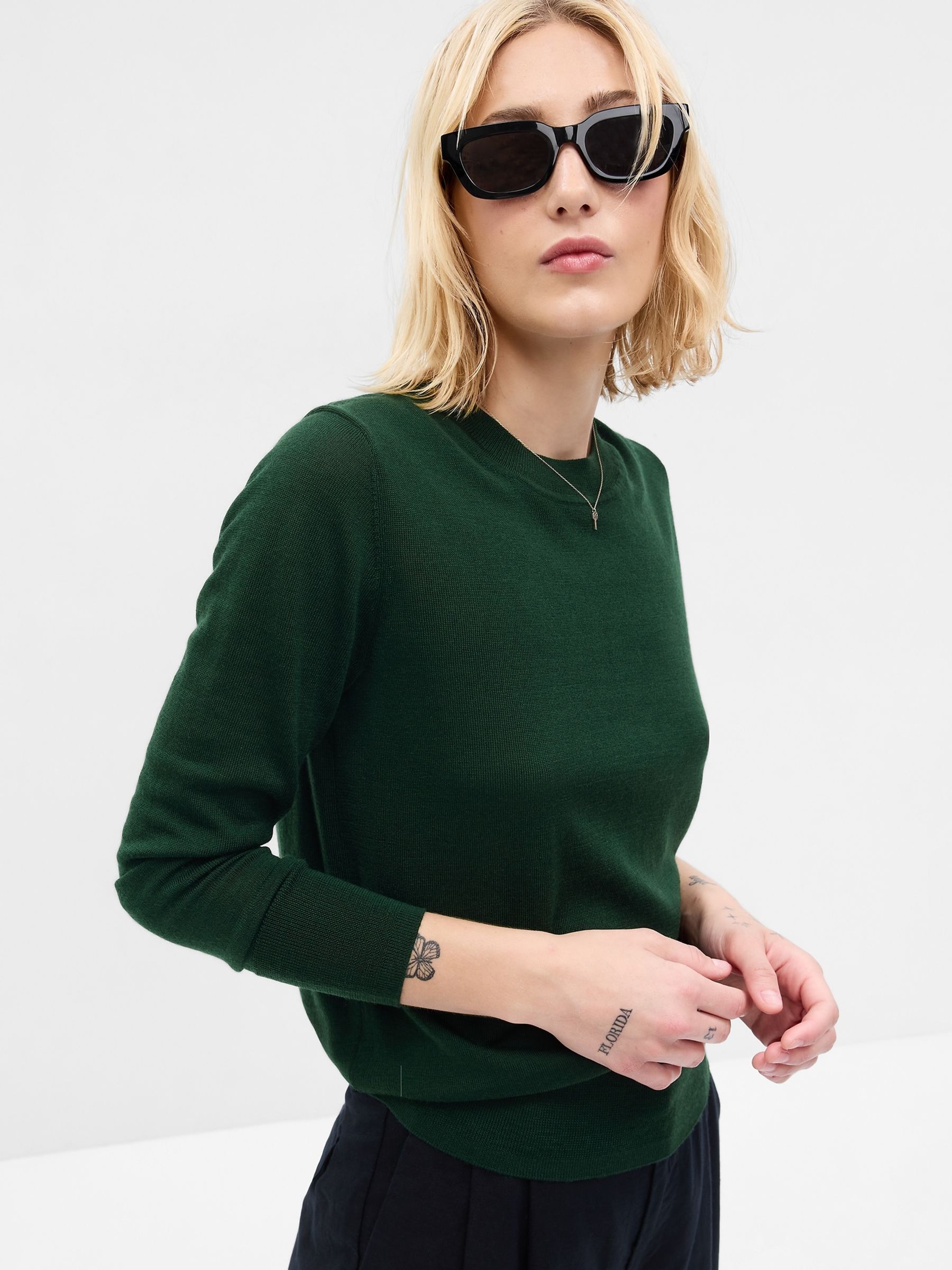 Green Merino Wool Crew Neck Jumper - Image 1 of 2