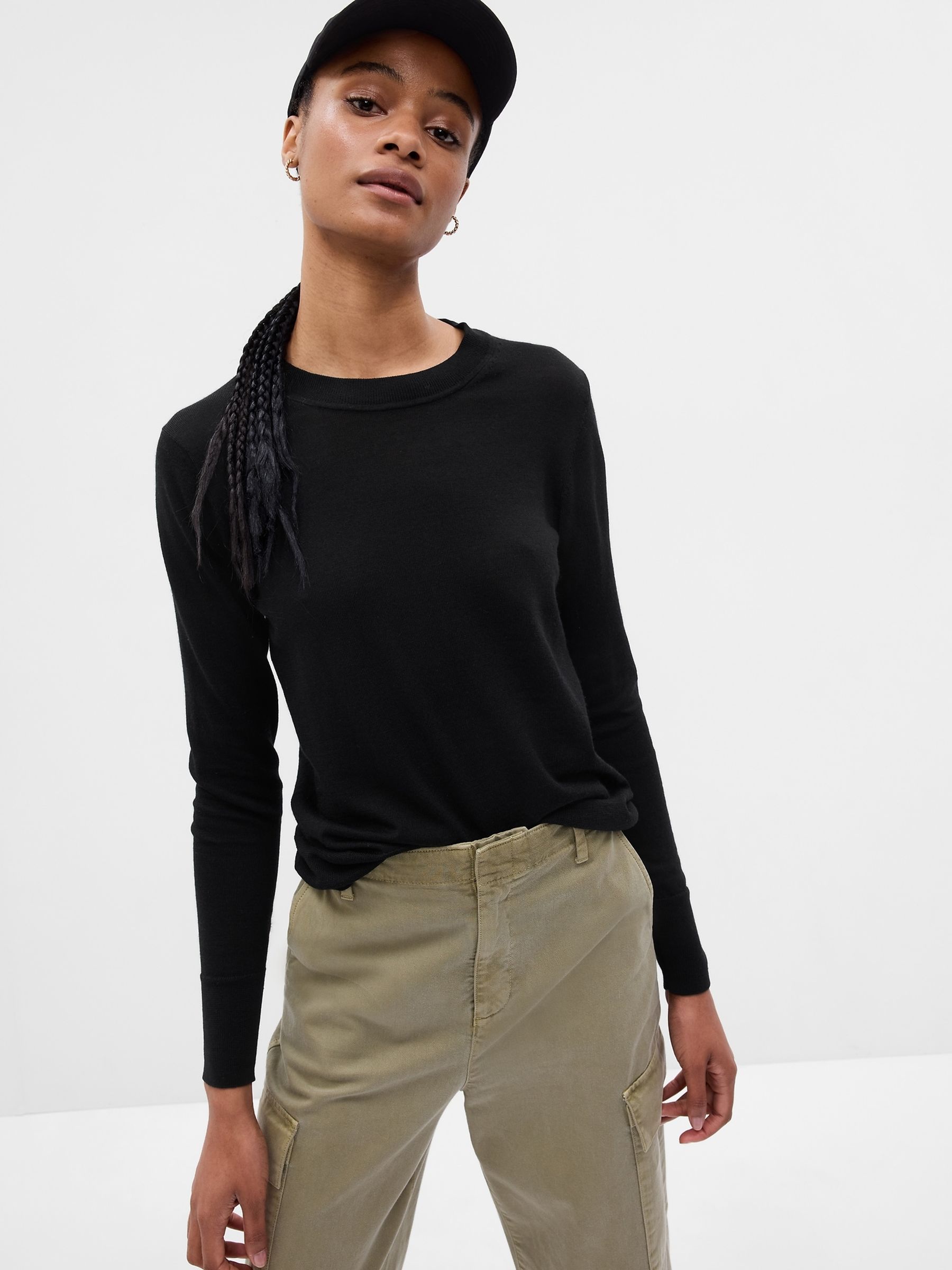 Black Merino Wool Crew Neck Jumper - Image 1 of 5