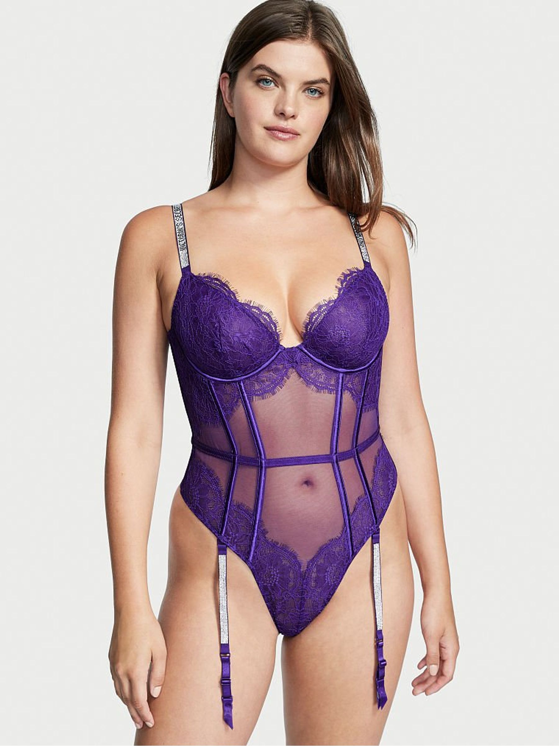 Brilliant Purple Shine Strap Lace Bodysuit - Image 1 of 3