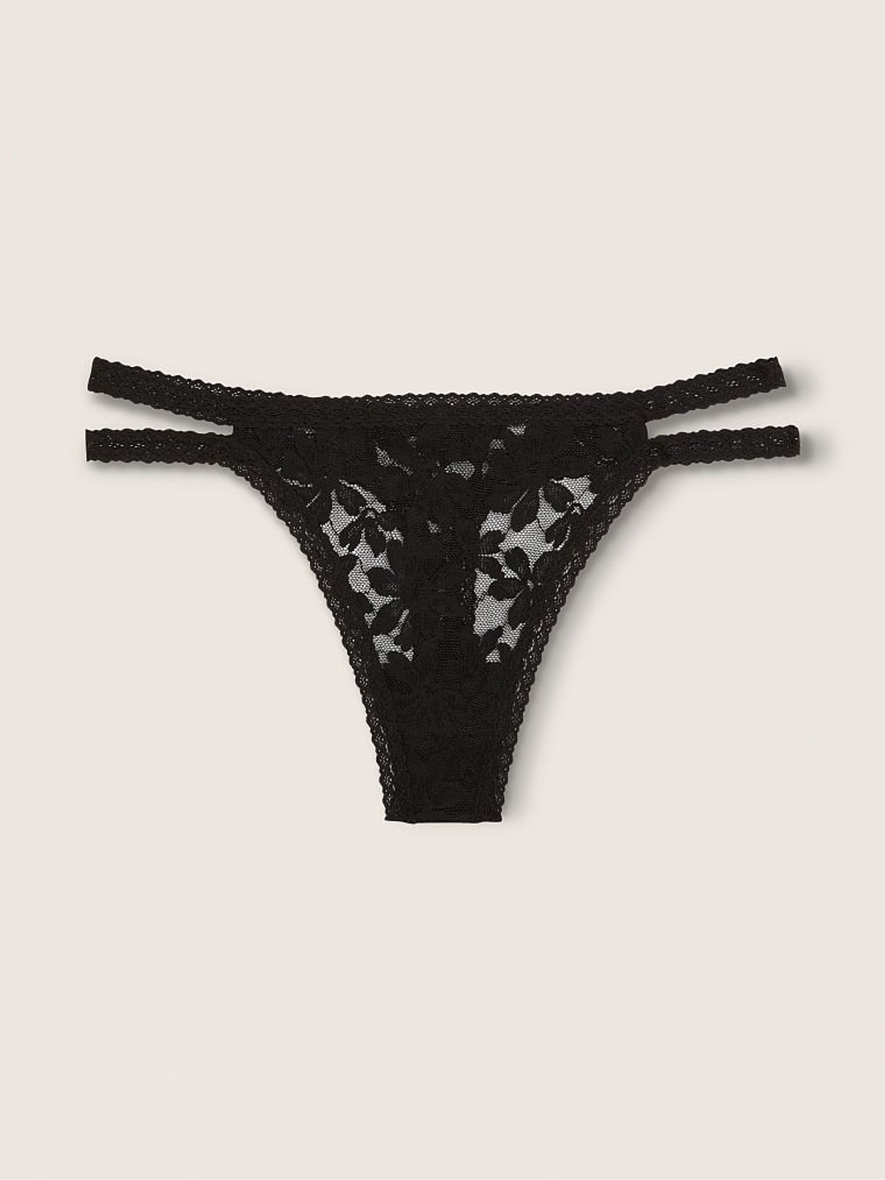 Pure Black Strappy Lace Thong Knickers - Image 1 of 2