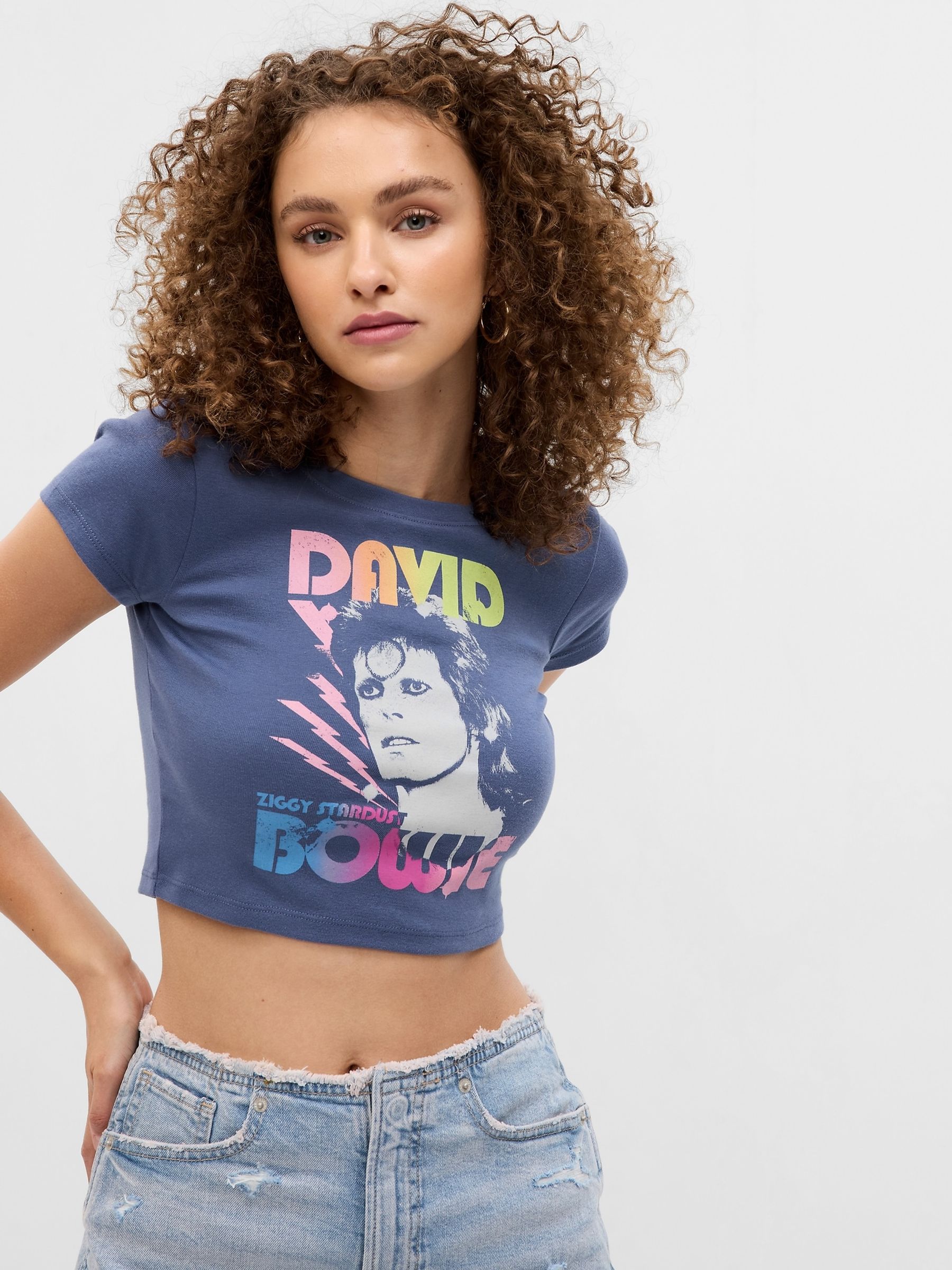 Blue David Bowie Cropped Graphic T-Shirt - Image 1 of 1