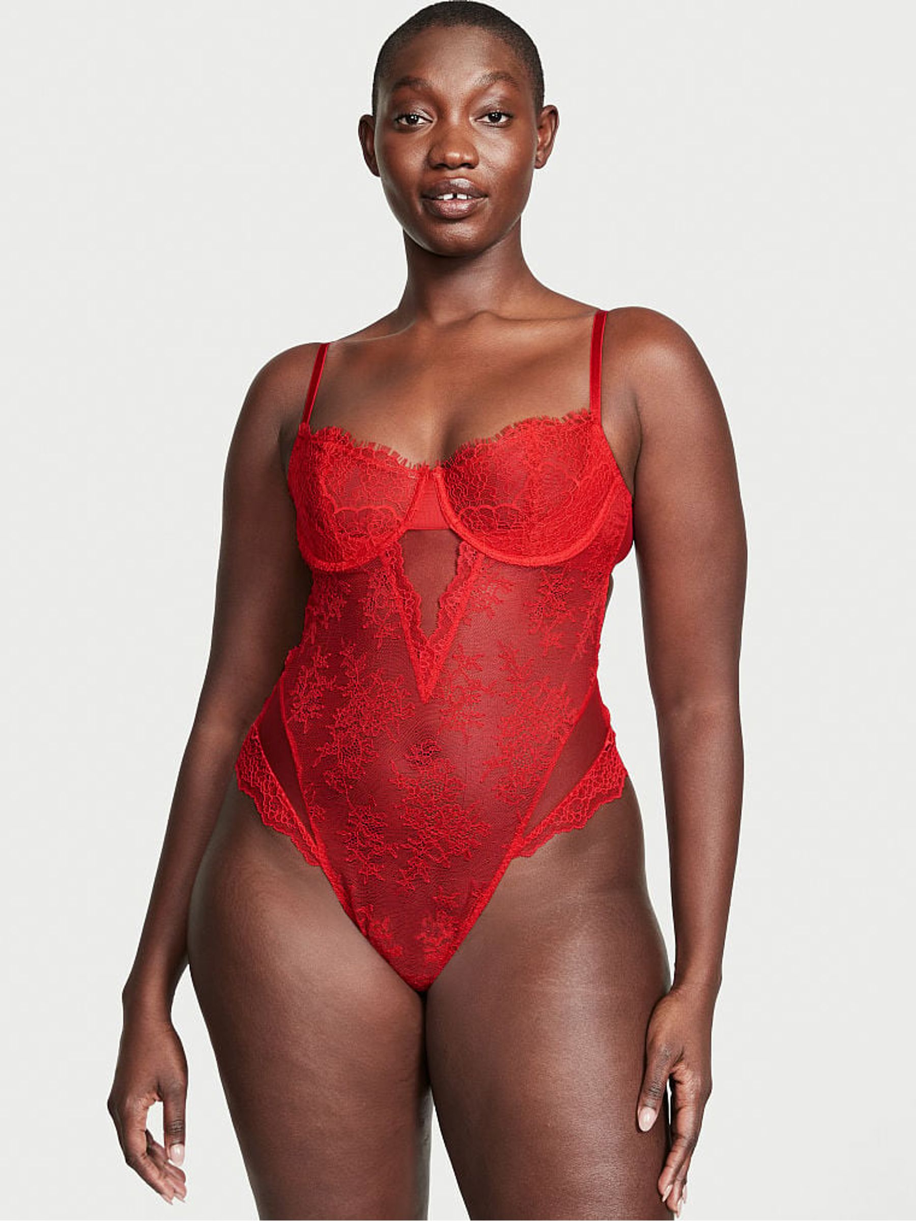 Lipstick Red Lace Unlined Balcony Bodysuit - Image 1 of 3