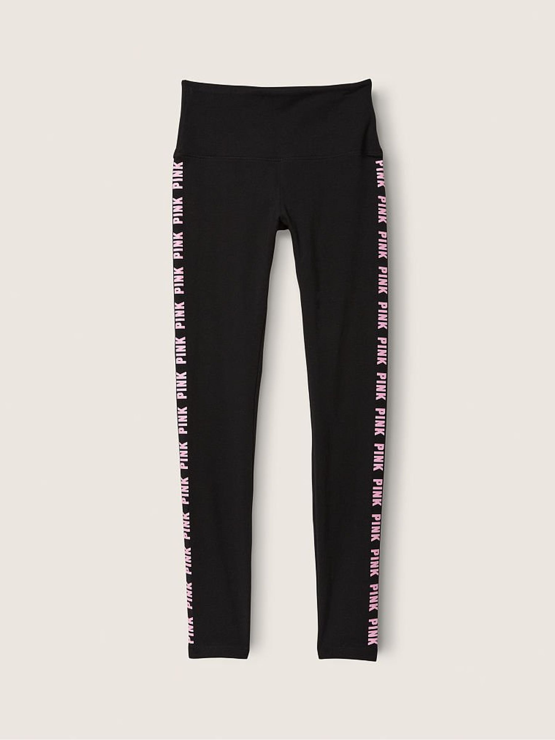 Pure Black With Pink Ticking Cotton High Waist Full Length Legging
