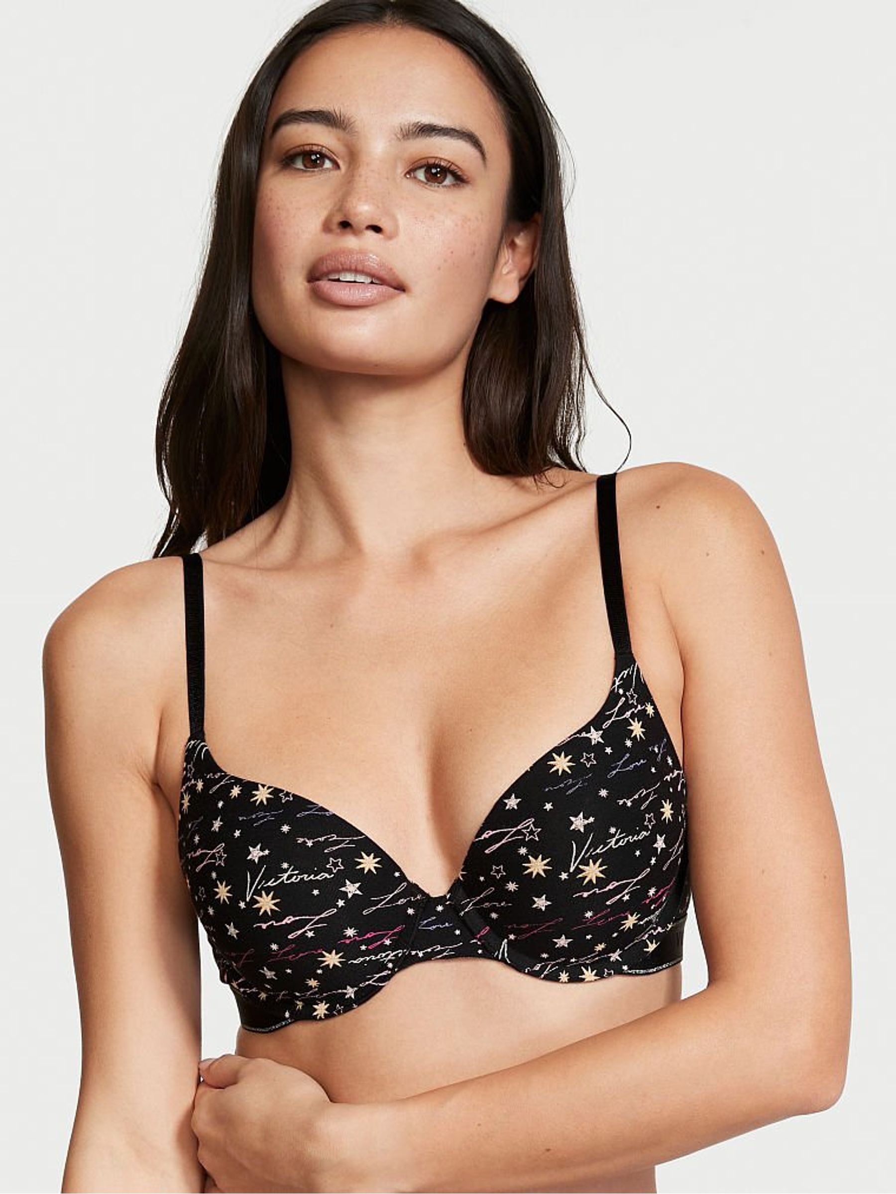 Black Script Perfect Shape Bra with Shimmer Logo Straps - Image 1 of 4