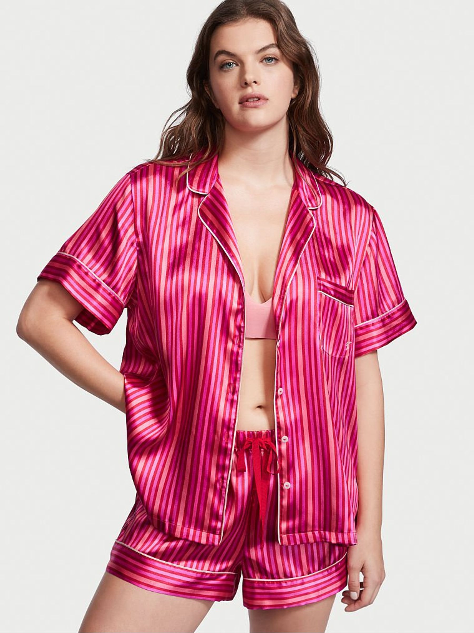 Red and Pink Stripe Satin Short Pyjamas - Image 1 of 4