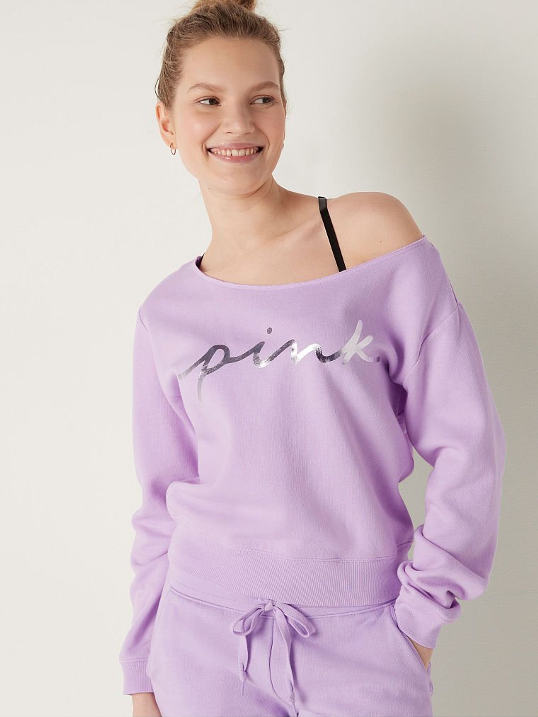 Purple Petal Shine Script Logo Everyday Lounge Off The Shoulder Sweatshirt - Image 1 of 4