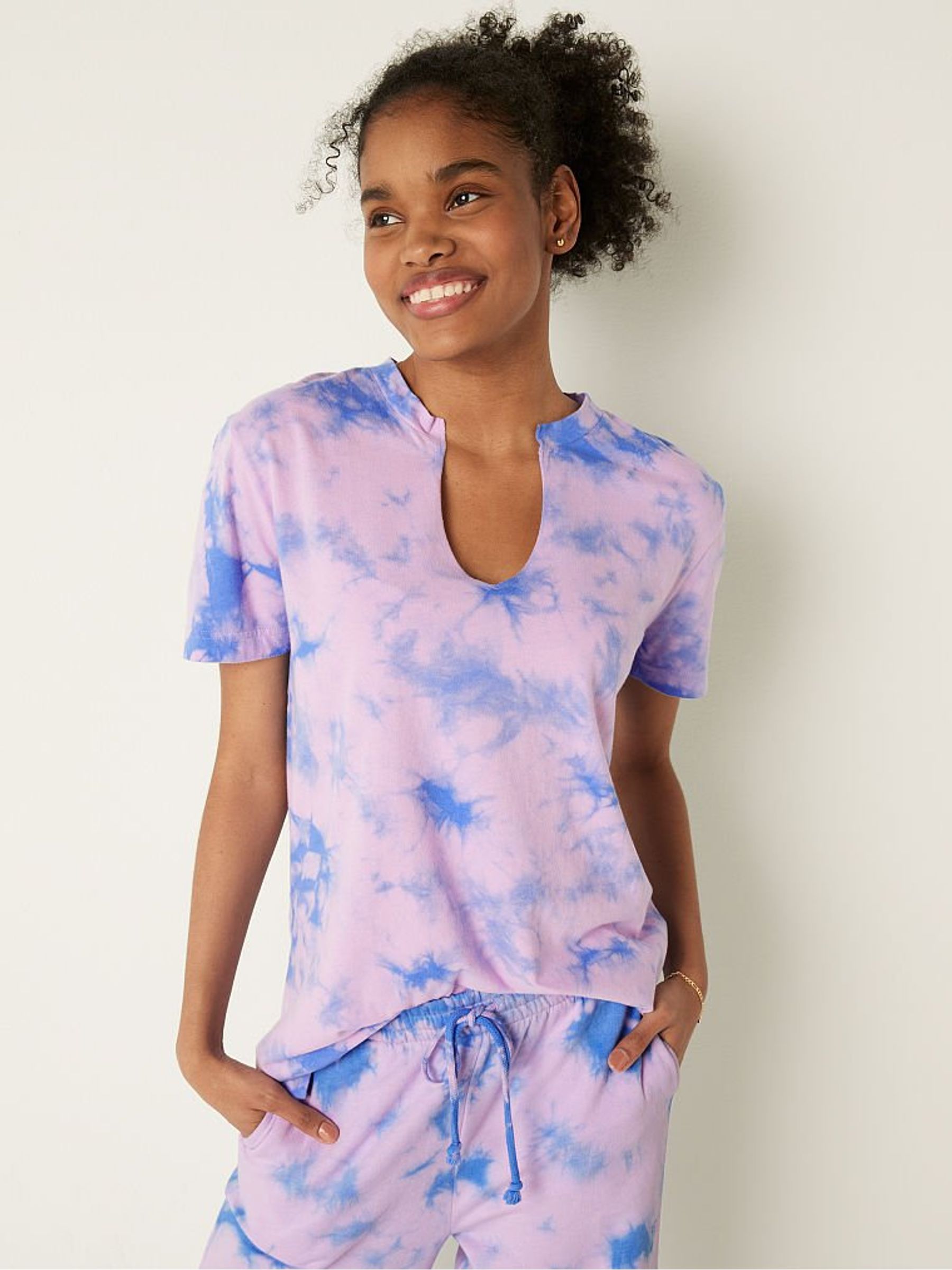 Purple Petal/ Blue Tie Dye Campus Short Sleeve Notch Neck Tee - Image 1 of 4