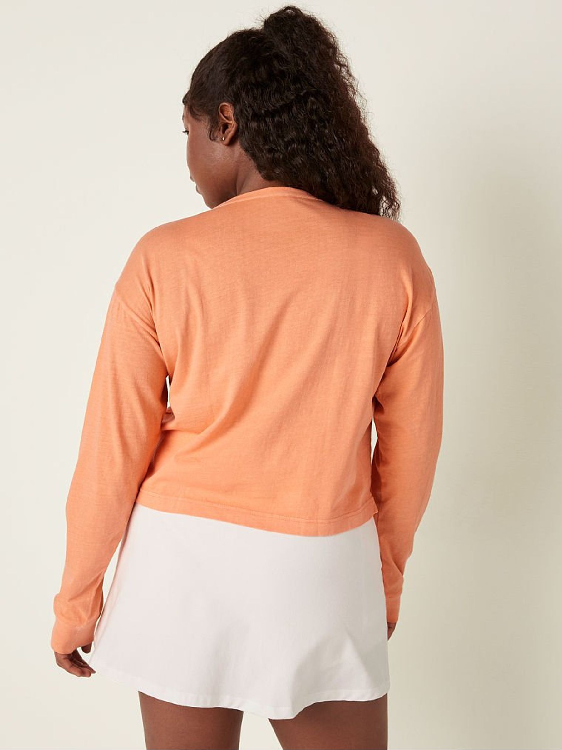 Coral Cream Wash Cotton Cropped Long Sleeve Campus Henley TShirt - Image 2 of 4 Coral Cream Wash Cotton Cropped Long Sleeve Campus Henley TShirt - Image 2 of 4