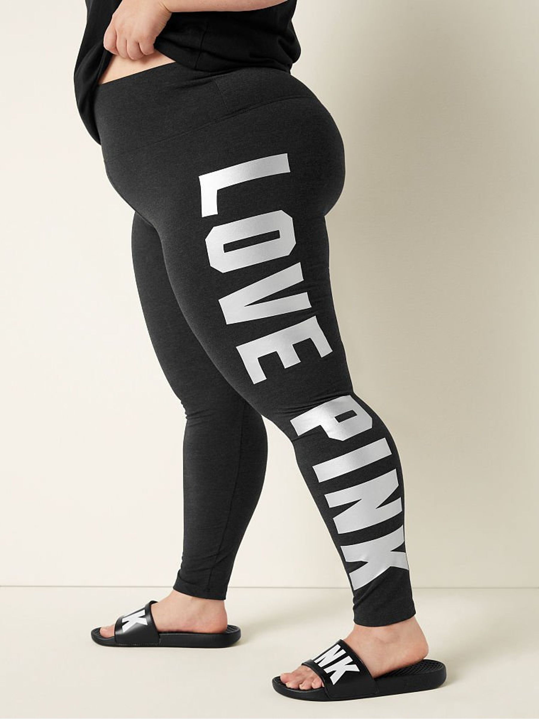 Pure Black Love Pink Cotton High Waist Full Length Leggings - Image 1 of 4
