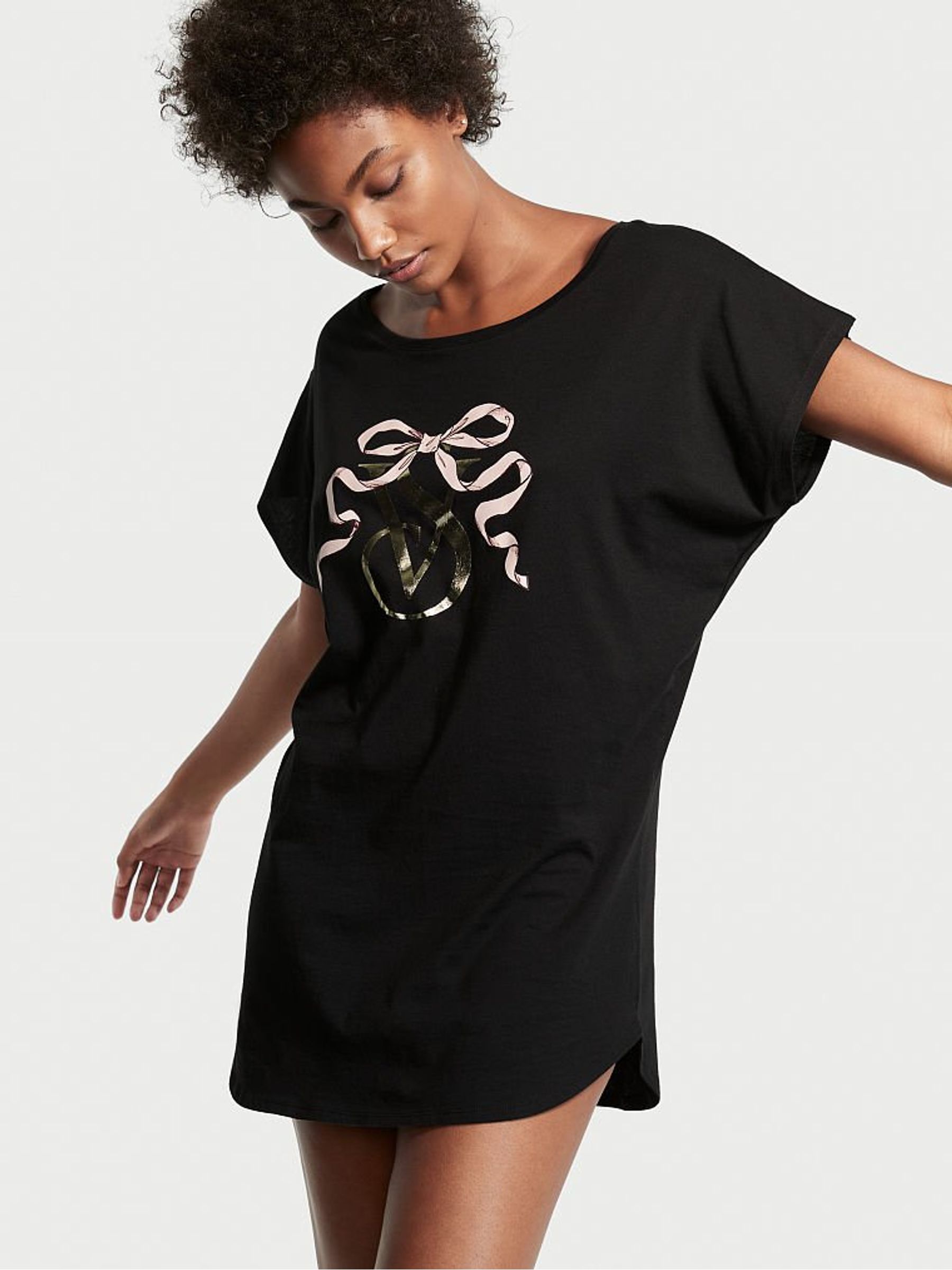 Black With Gold Foil Bow Graphic Cotton Pyjama Top - Image 1 of 3