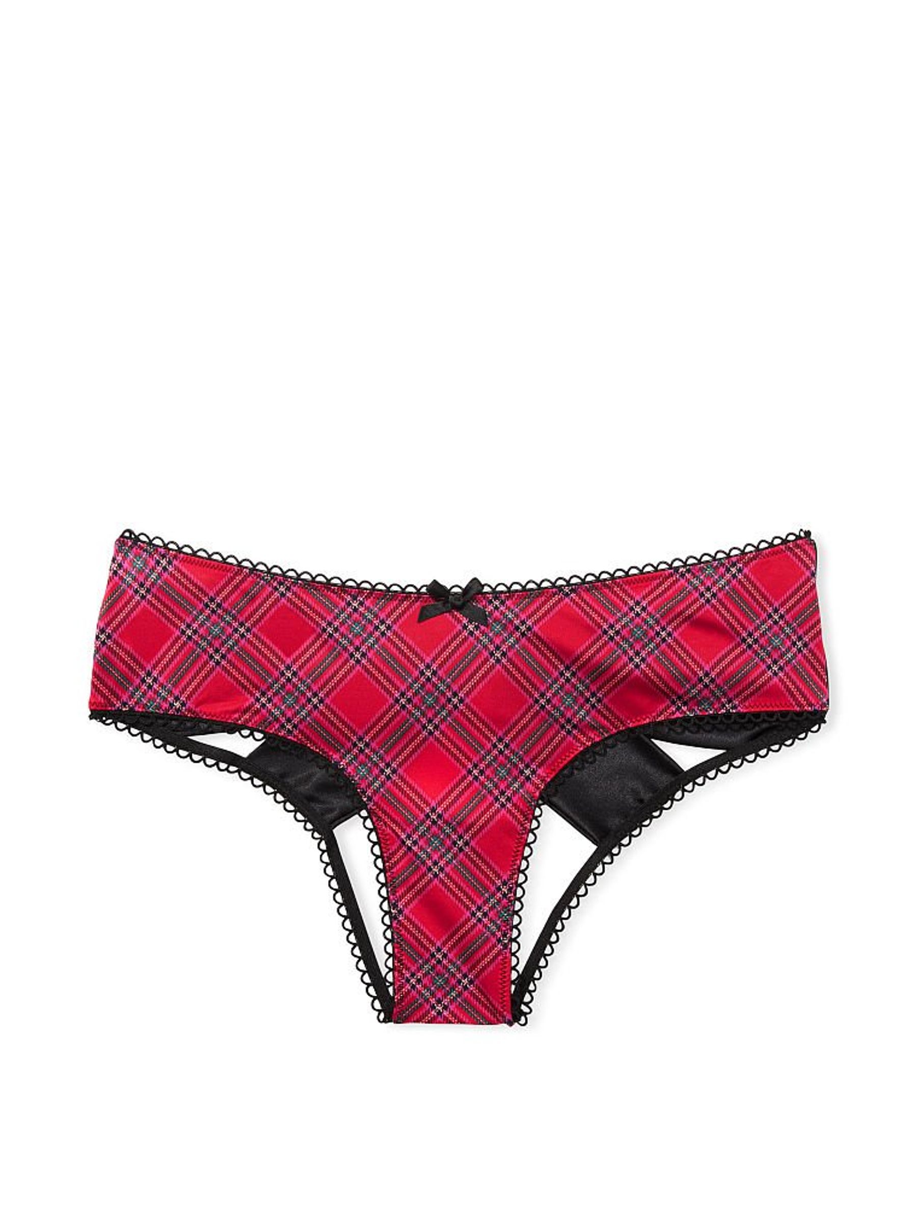 Red Plaid Micro Satin Bow Ouvert Cheeky Panty - Image 3 of 4