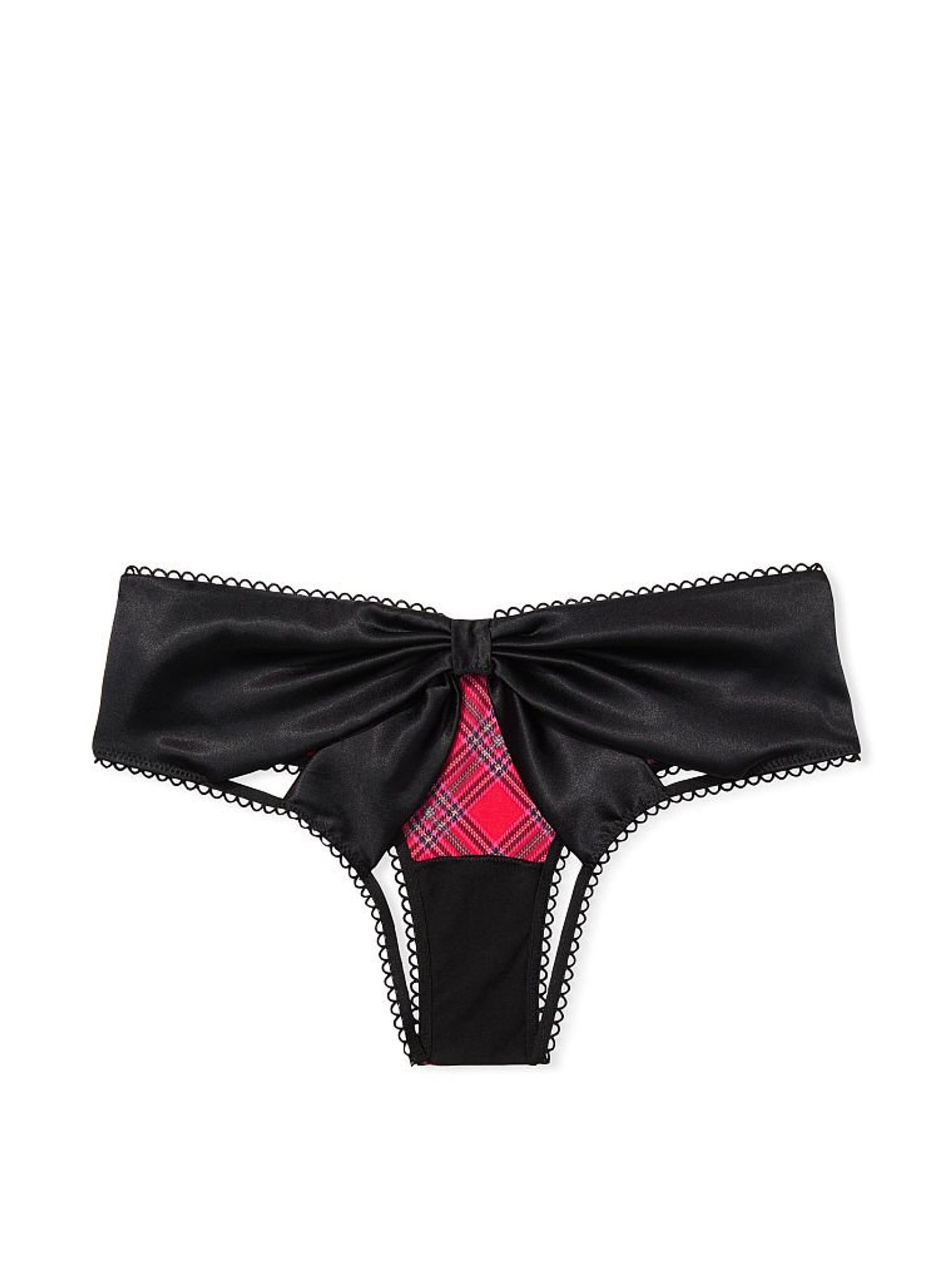 Red Plaid Micro Satin Bow Ouvert Cheeky Panty - Image 4 of 4