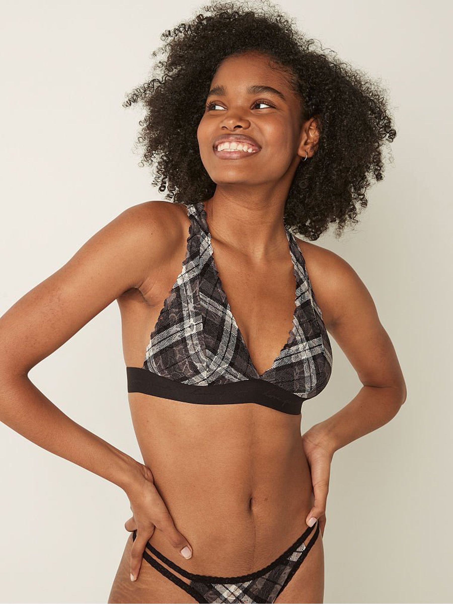 Grey Plaid Lace Halter Bralette - Image 1 of 4