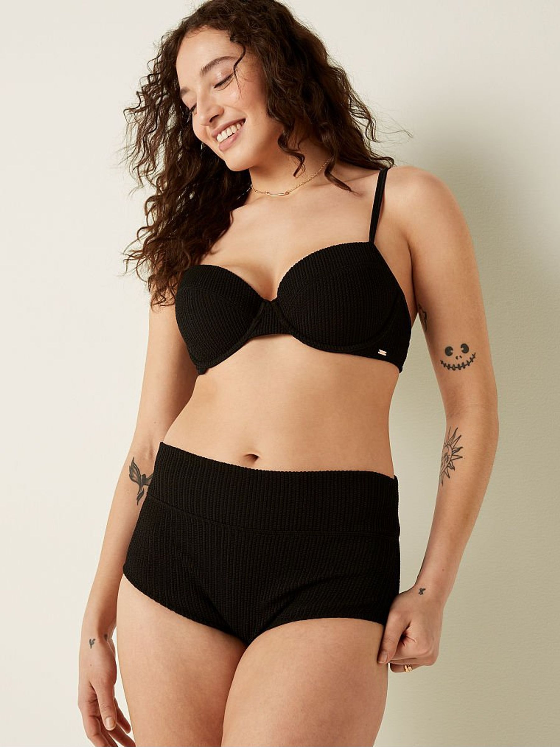 Pure Black Crinkle High Waist Shortie Swim Bottom - Image 1 of 4