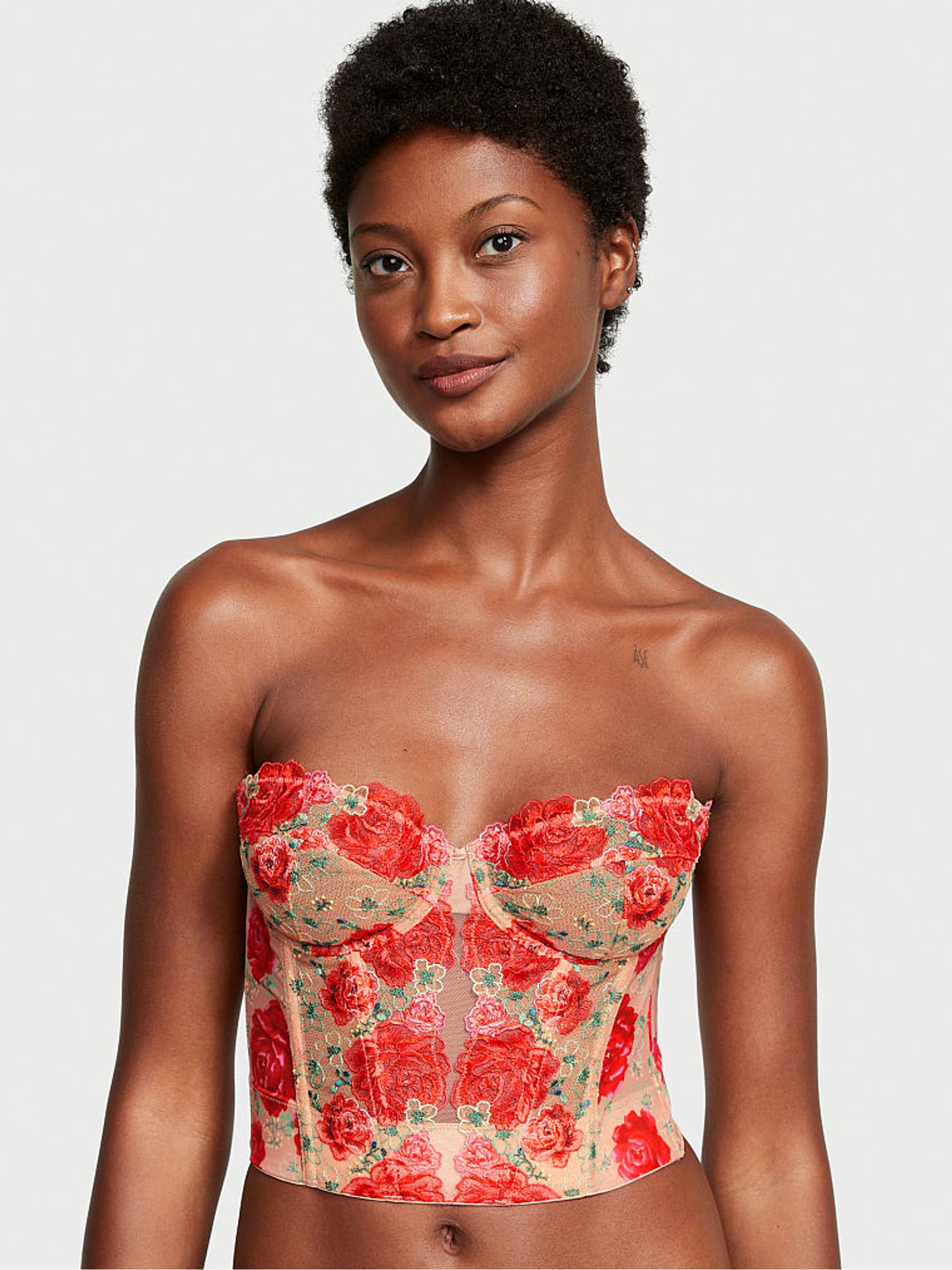Tomato Red Embroidered Illuminating Blooms Corset Bra Top - Image 1 of 3