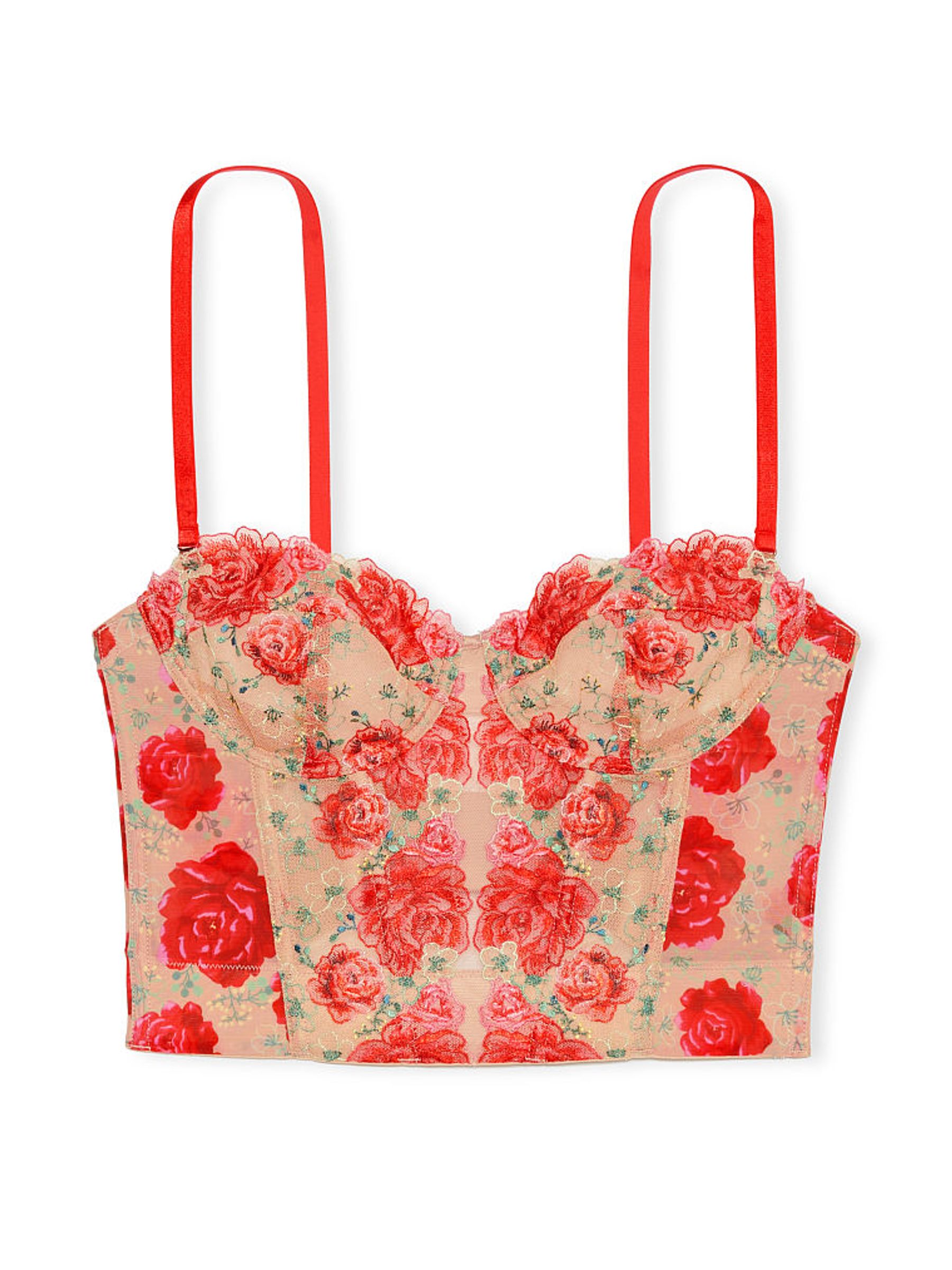 Tomato Red Embroidered Illuminating Blooms Corset Bra Top - Image 3 of 3