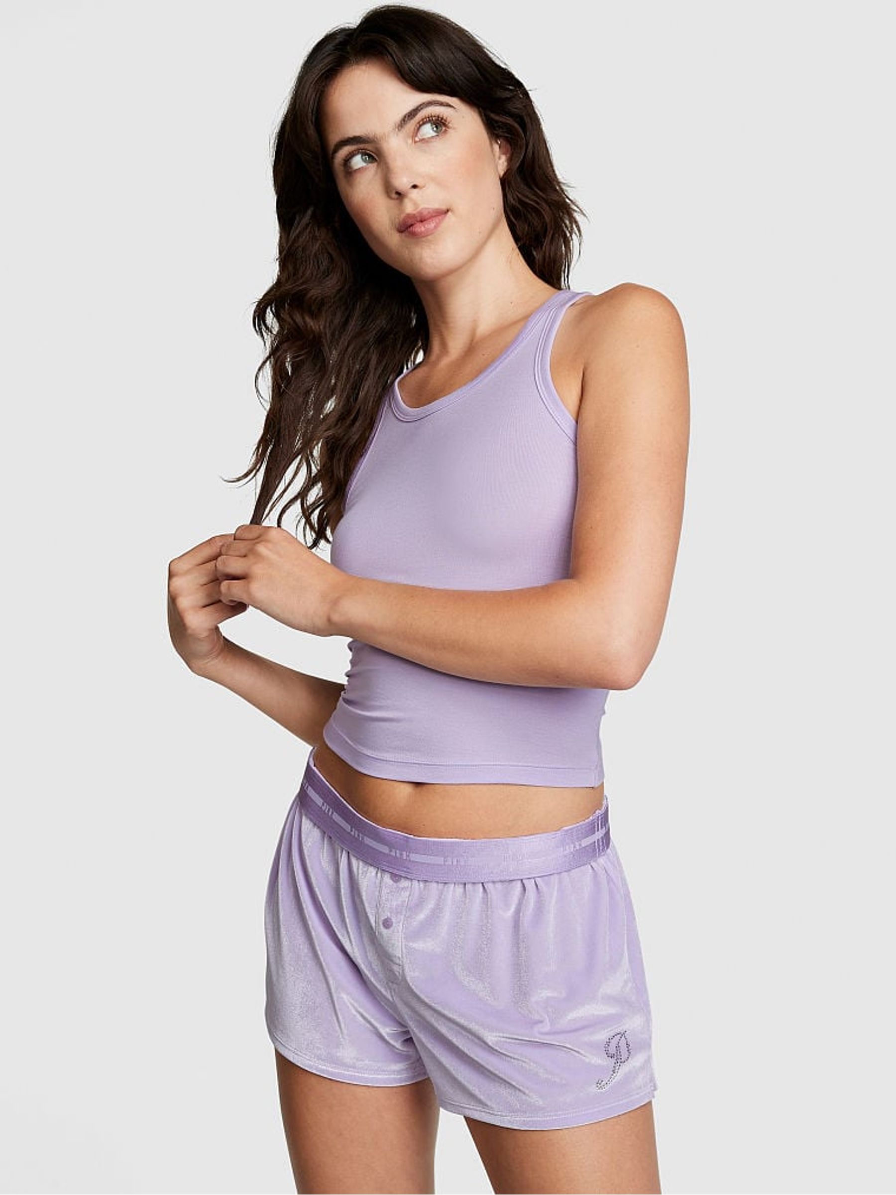 Pastel Lilac Purple Diamante Velvet Pyjama Shorts - Image 1 of 3