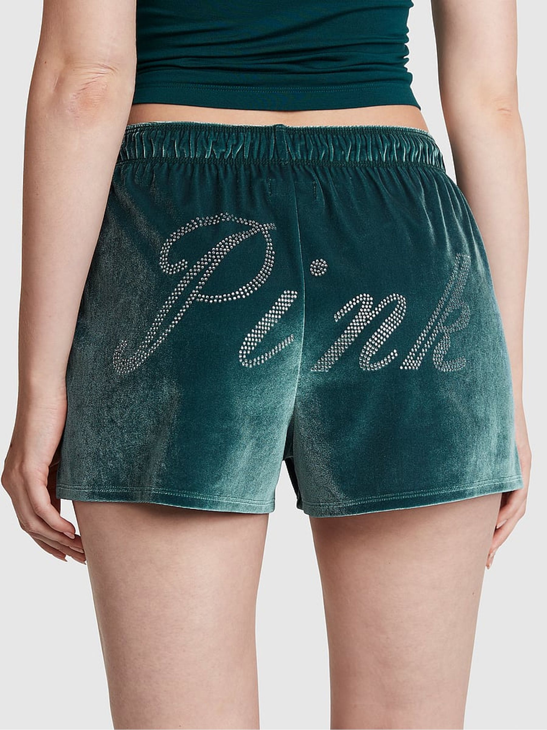 Black Ivy Green Diamante Velvet Pyjama Shorts - Image 2 of 3