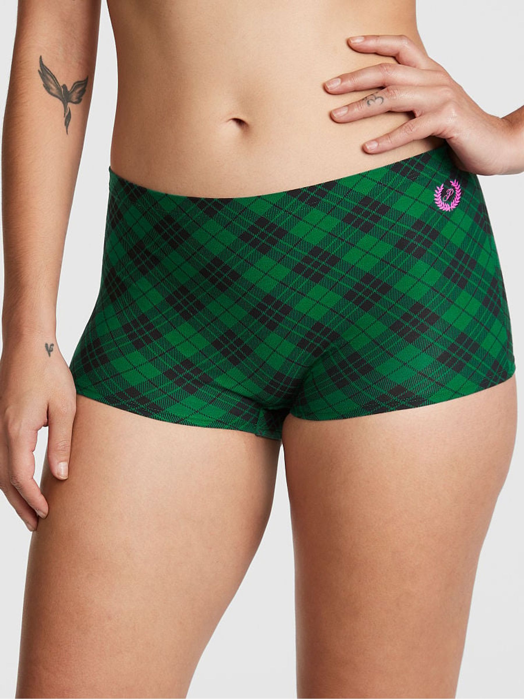 Garnet Green Plaid Crest Cotton Boyshort Knickers - Image 1 of 3
