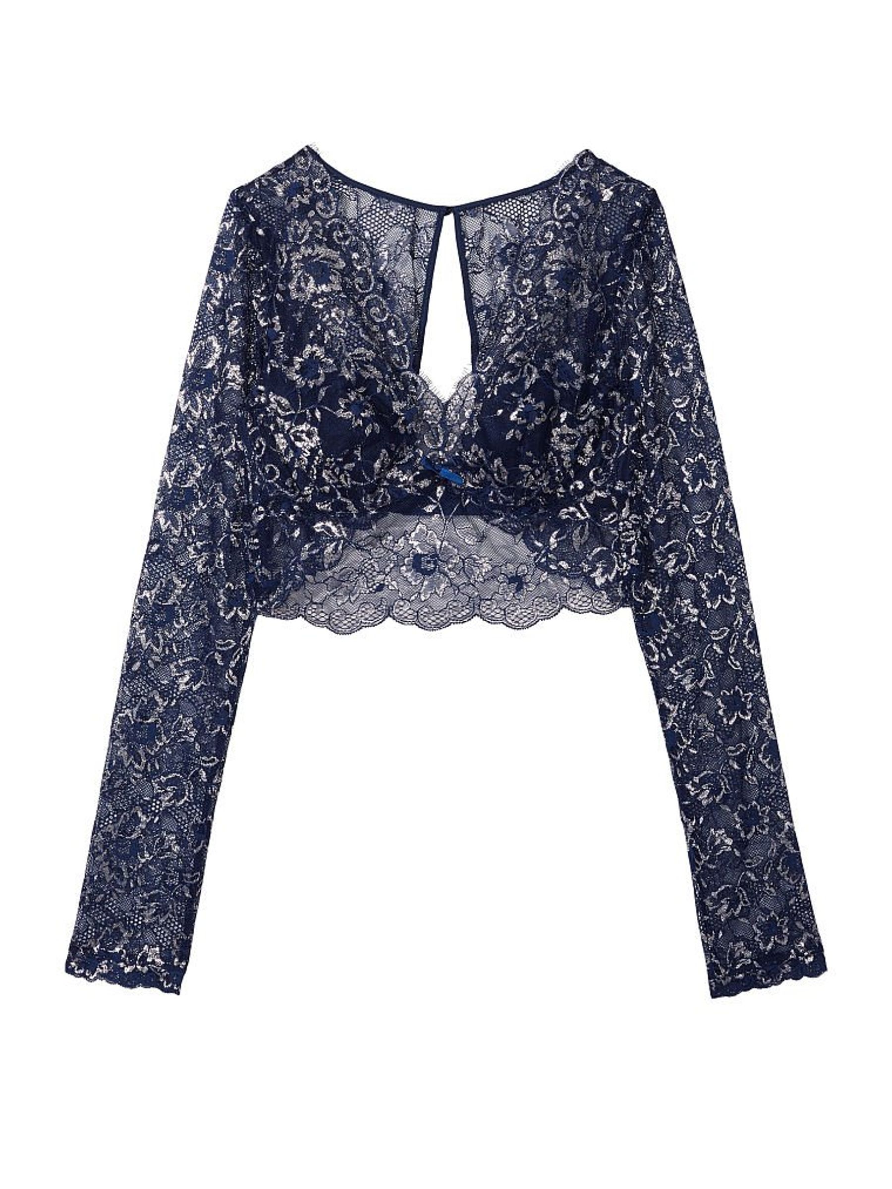 Ensign Navy Blue Allure Shimmer Long Sleeve Bra Top - Image 3 of 3