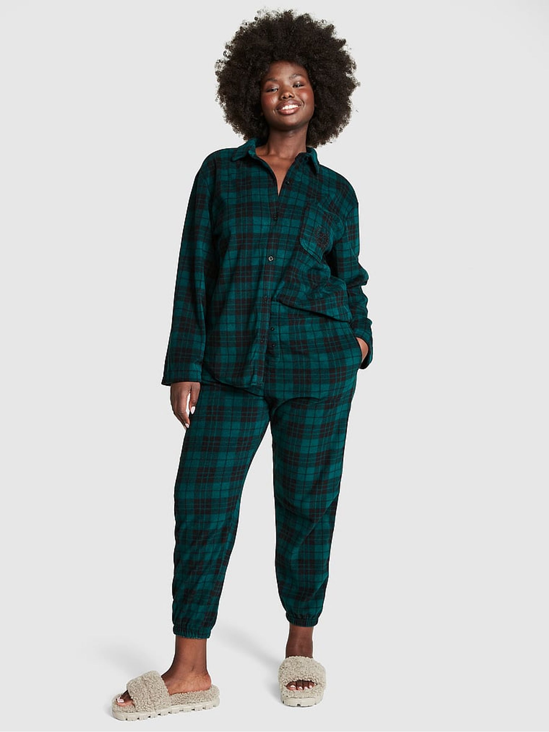 Black Ivy Green Plaid Long Sleeve Polar Fleece Jogger Set - Image 1 of 4