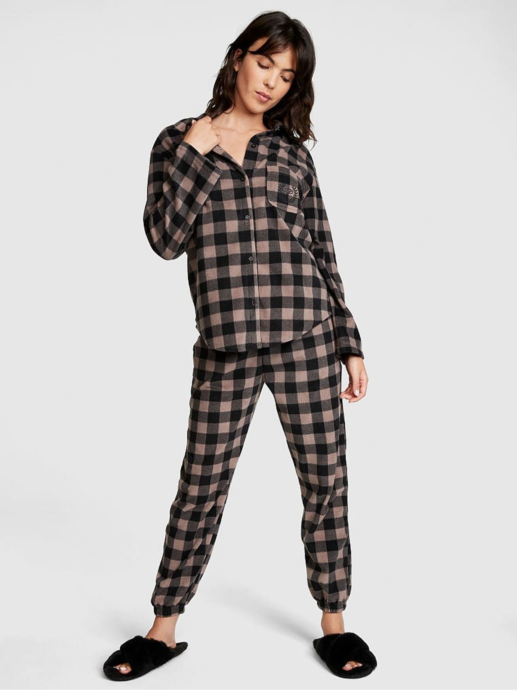 Iced Coffee Brown Plaid Long Sleeve Polar Fleece Jogger Set - Image 1 of 4