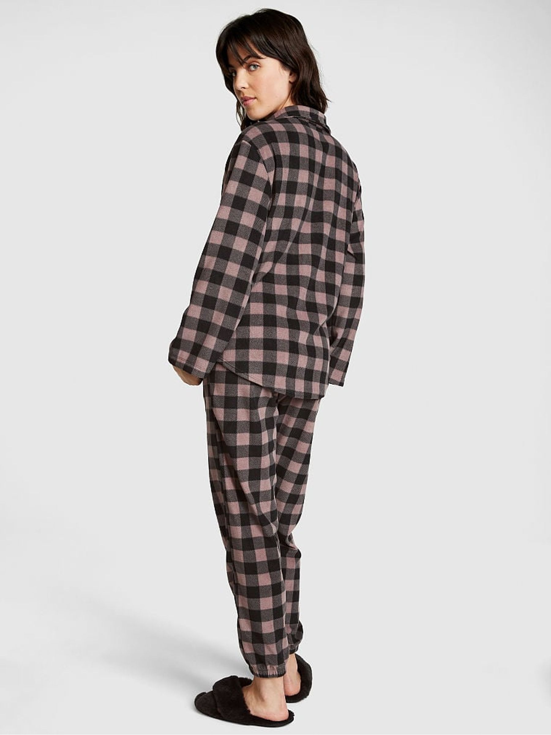 Iced Coffee Brown Plaid Long Sleeve Polar Fleece Jogger Set - Image 2 of 4