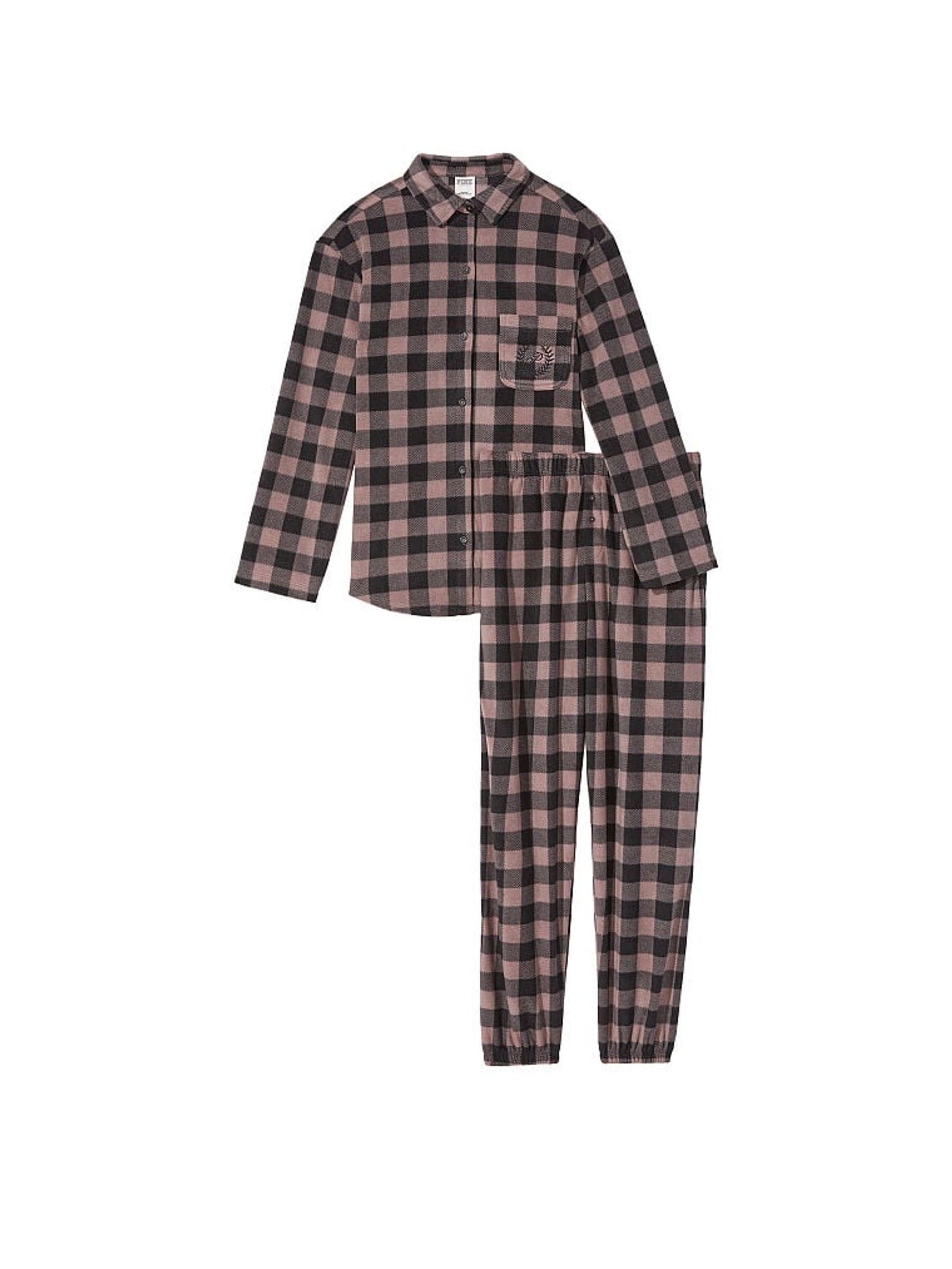 Iced Coffee Brown Plaid Long Sleeve Polar Fleece Jogger Set - Image 3 of 4