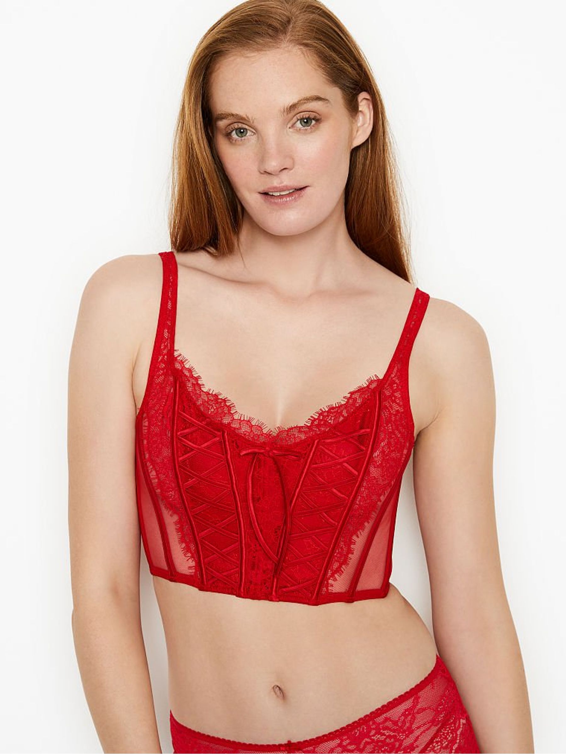 Lipstick Red Lace Unlined Corset Bra Top - Image 1 of 4