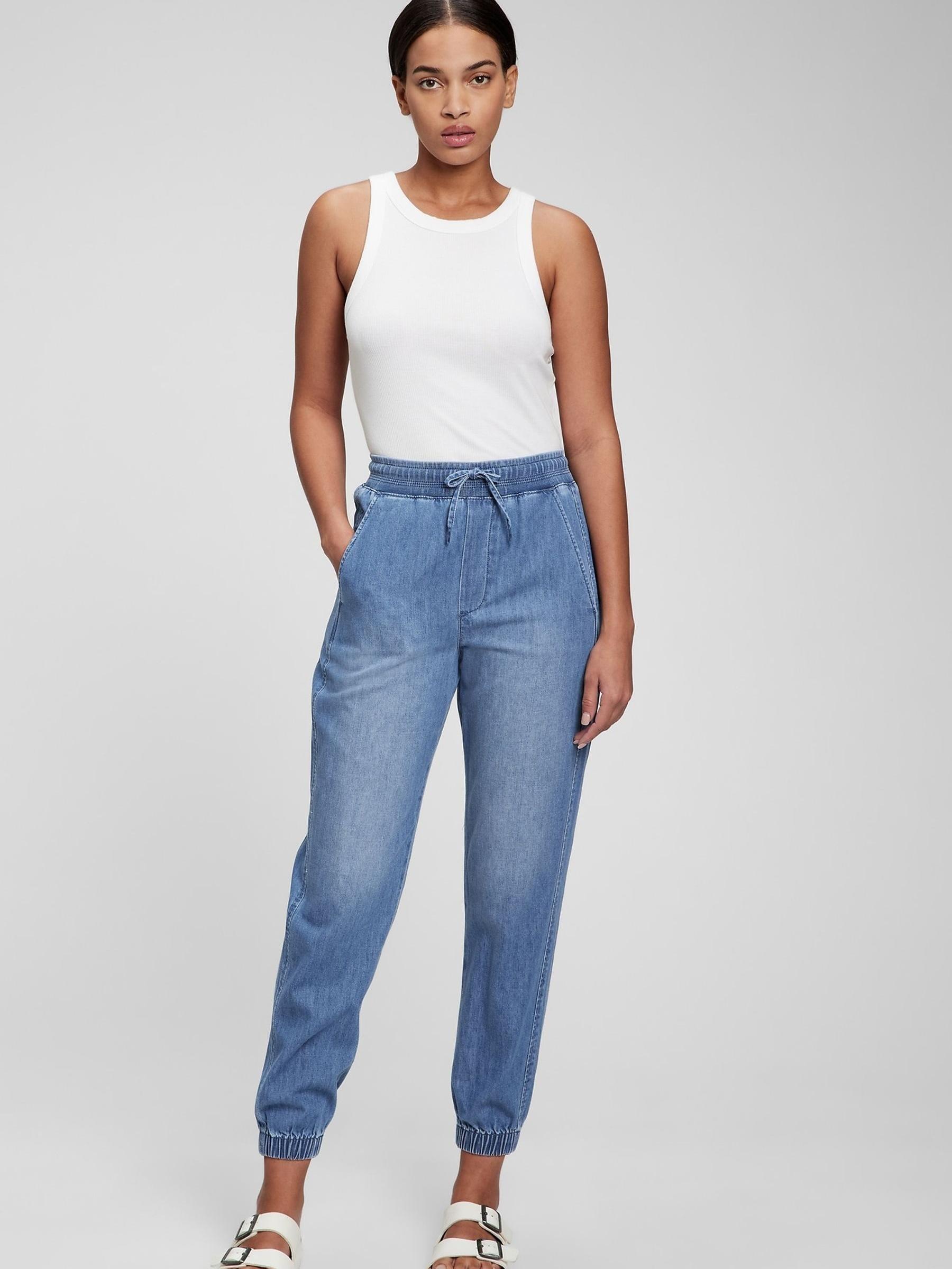 Light Wash Blue Mid Rise Denim Joggers - Image 1 of 5