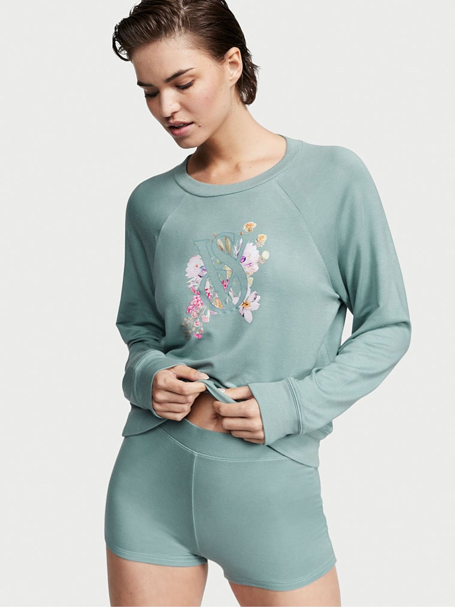 Sage Dust Green Modal Terry Crewneck Short Pyjama - Image 1 of 4