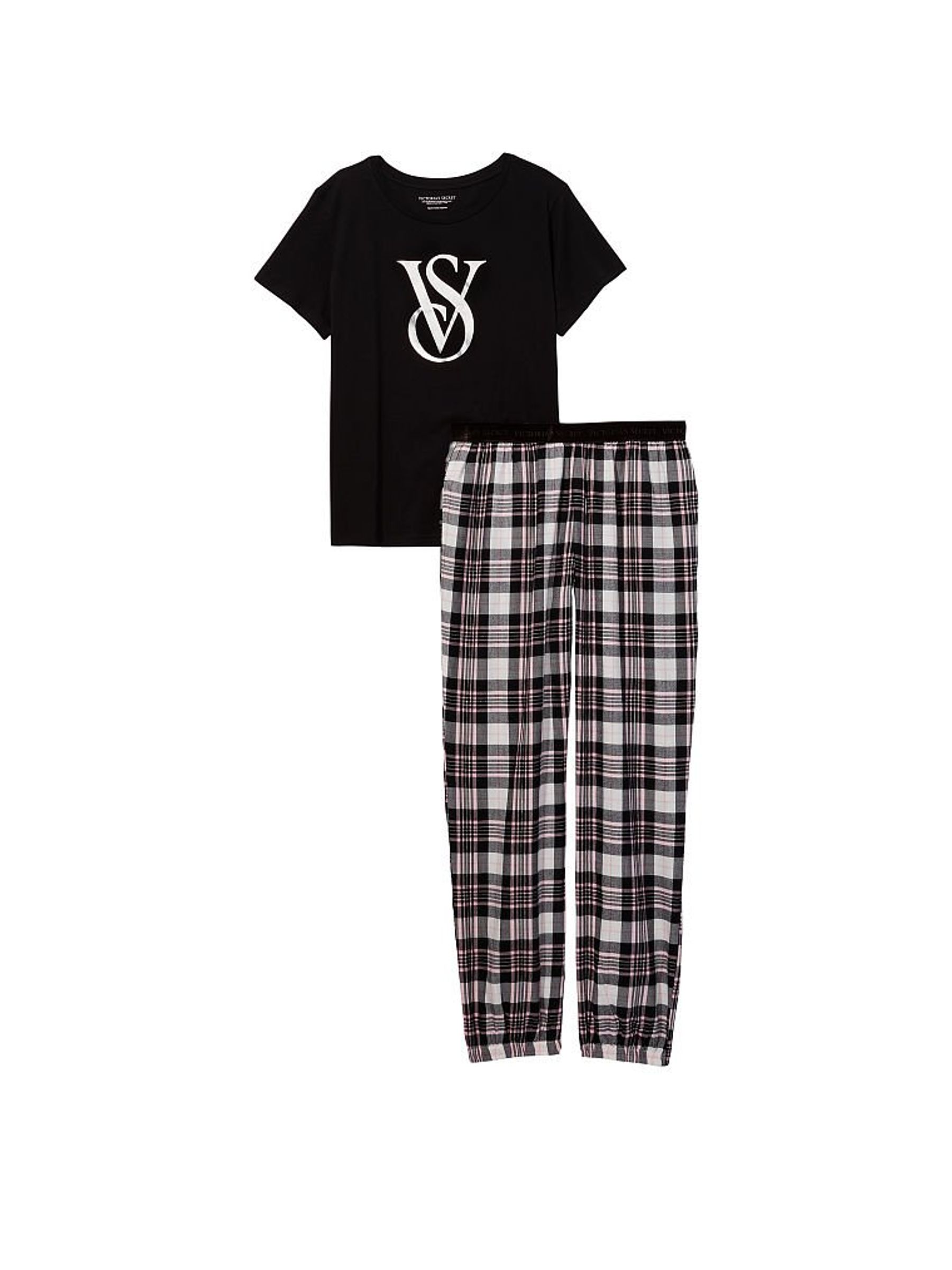 White and Black Plaid Short Sleeve Long Flannel Pyjamas - Image 3 of 4