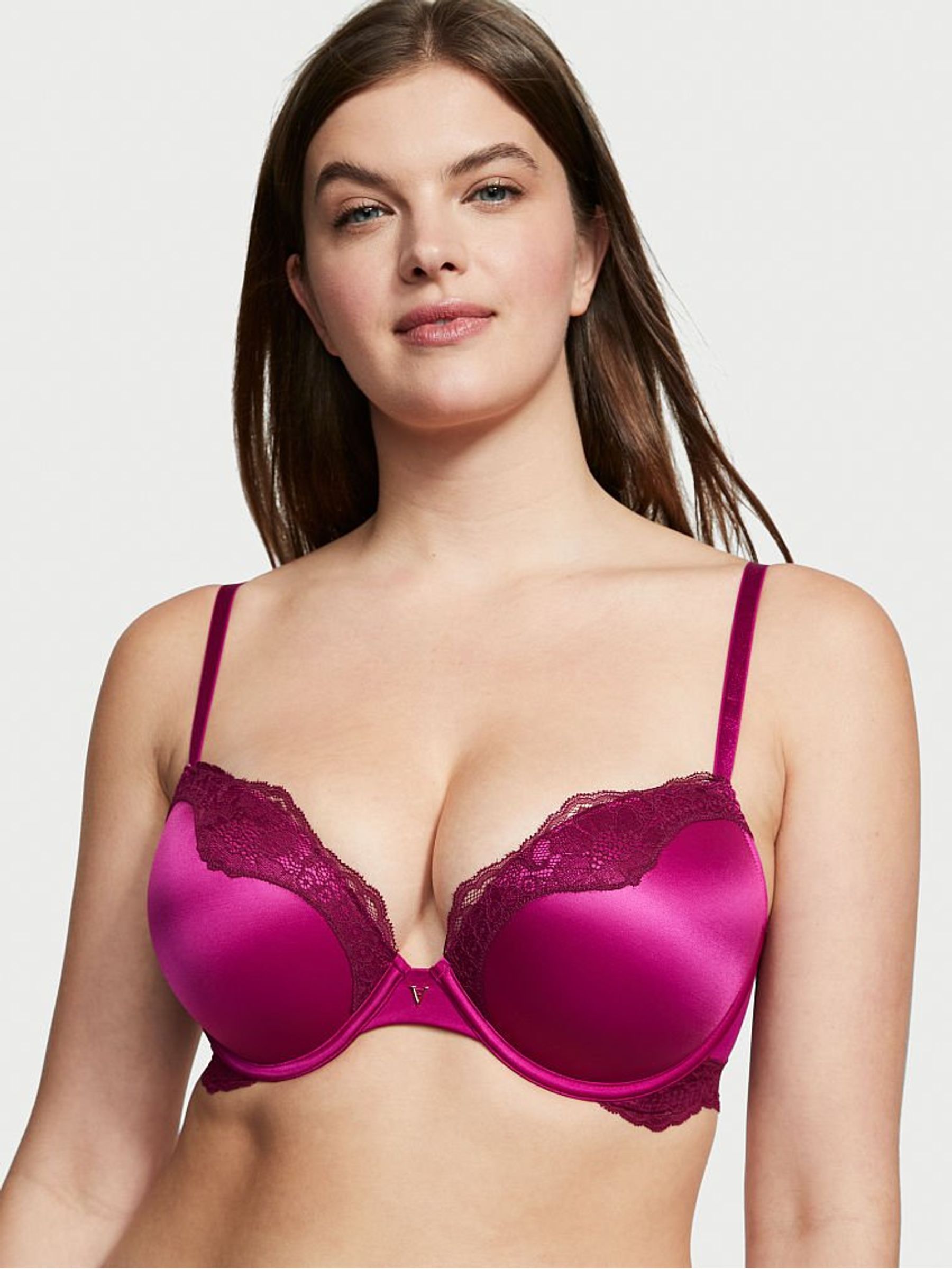 Raspberry Cooler Pink Lace Trim Plunge Push Up Bra - Image 1 of 4