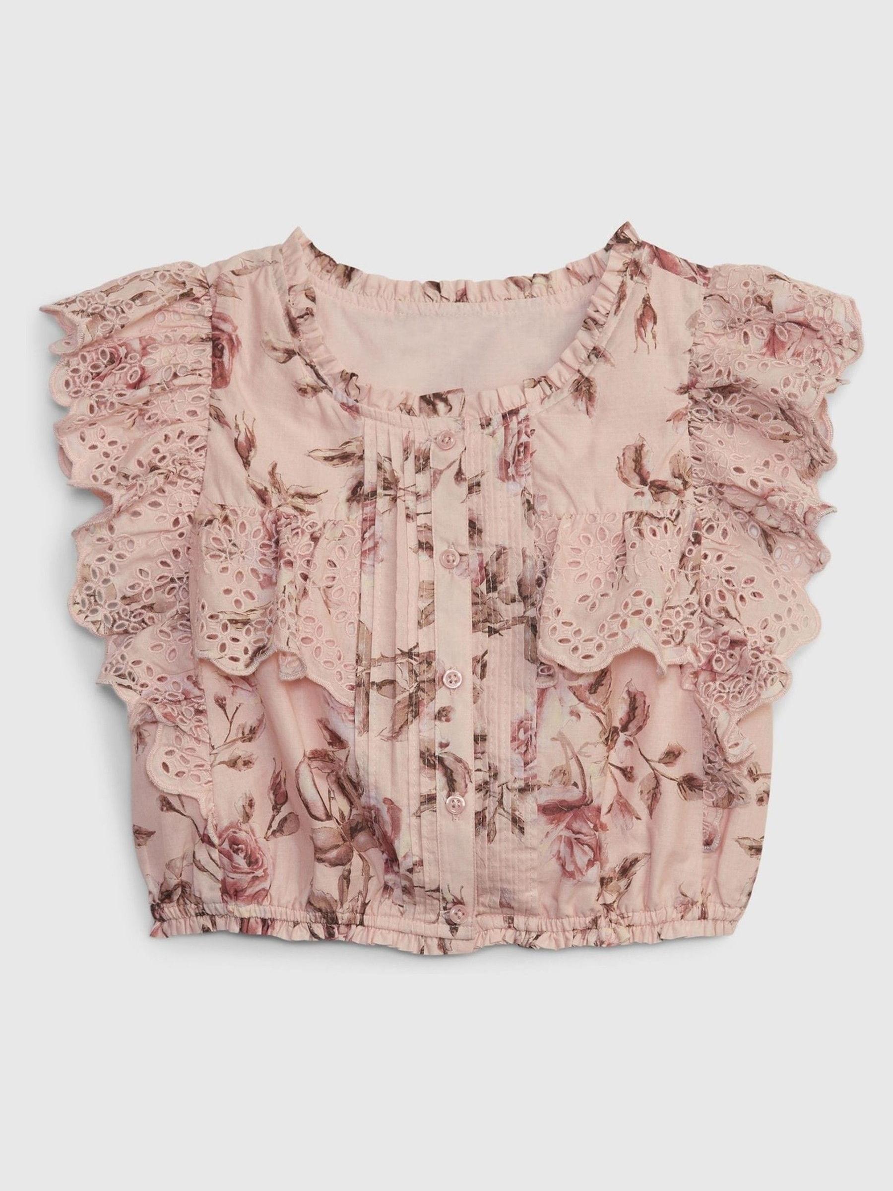 Pink LoveShackFancy Girls Floral Ruffle Button-Front Top - Image 1 of 3