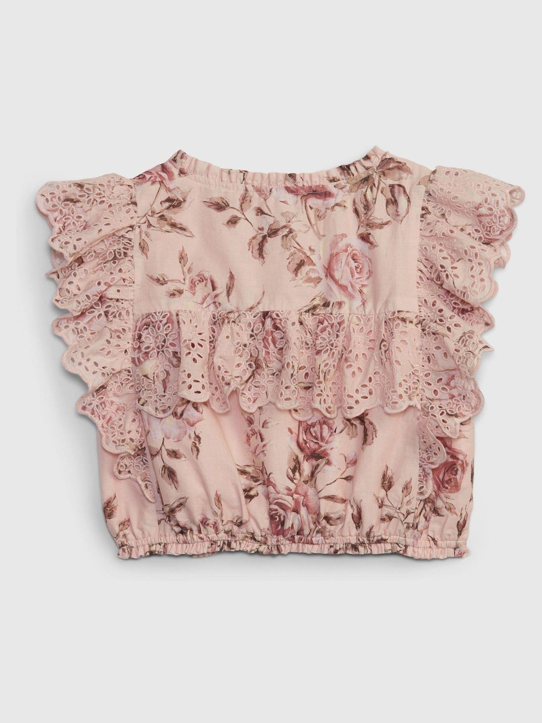 Pink LoveShackFancy Girls Floral Ruffle Button-Front Top - Image 2 of 3