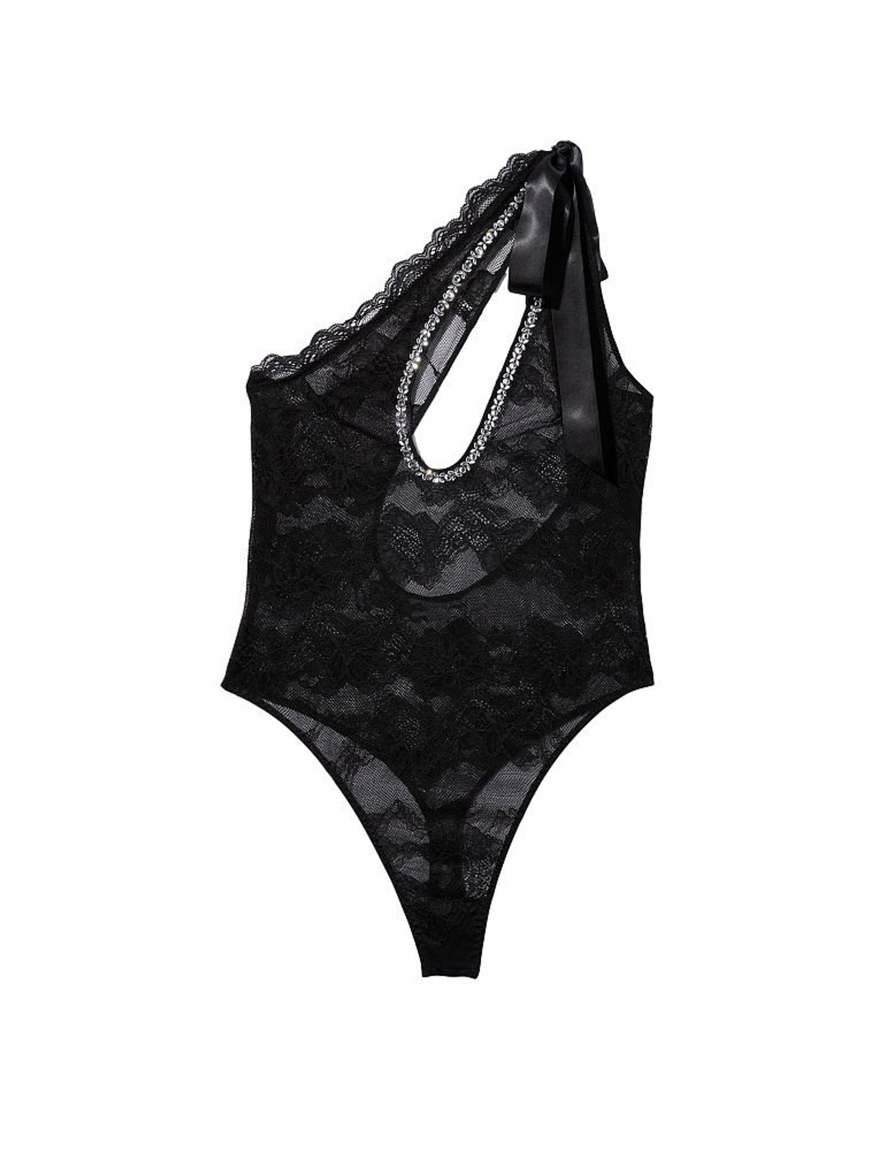 Black OneShoulder Lace  Rhinestone Plunge Teddy - Image 3 of 3