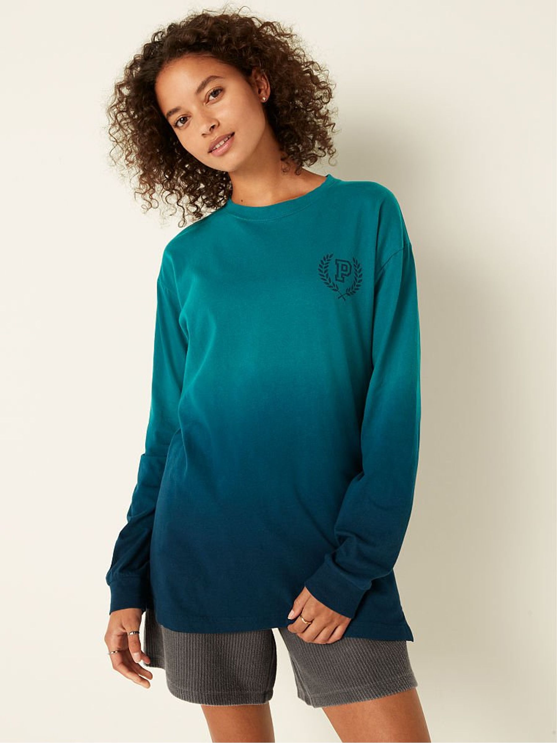 Deep Lake Blue Cotton Long Sleeve Campus TShirt - Image 1 of 4
