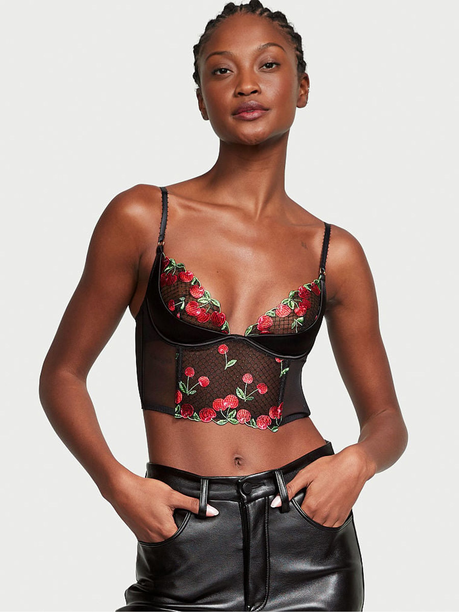 Cherry Black Quarter Cup Embroidered Corset Bra Top - Image 3 of 5
